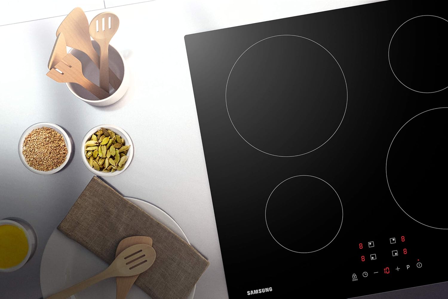 Samsung NZ64M3NM1BB Autarkes Induktionskochfeld, 60 cm große Herdplatte aus Glaskeramik, Rahmenlos, 4 Kochzonen mit Touch Steuerung, 9 Leistungsstufen, 4 Booster, Kindersicherung, Schwarz