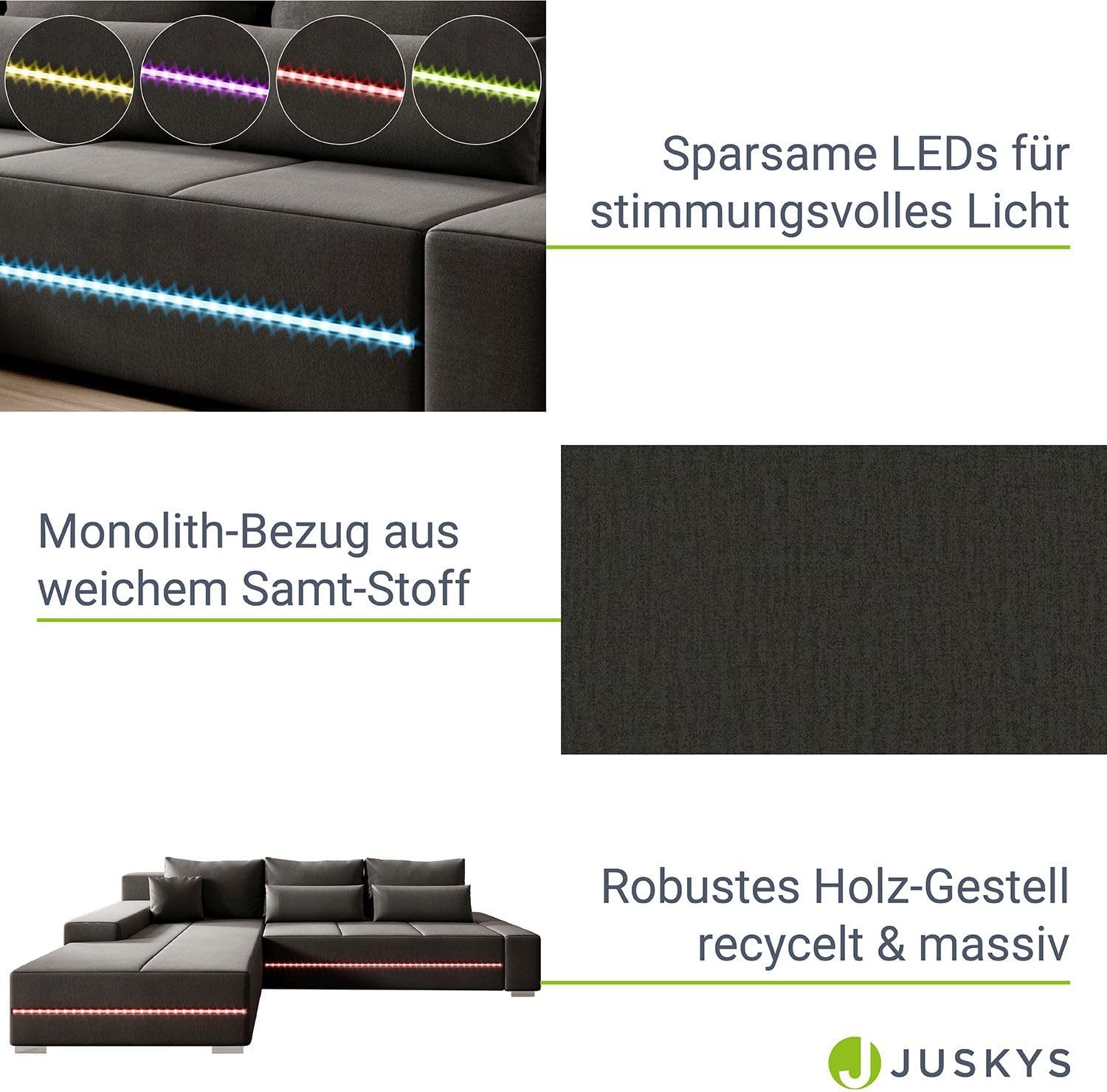 Juskys Sofa Davos Links mit Schlaffunktion - Ecksofa für Wohnzimmer mit Bettkasten & LED - Stoff Schlafsofa L Form Couch Beleuchtung - Dunkelgrau