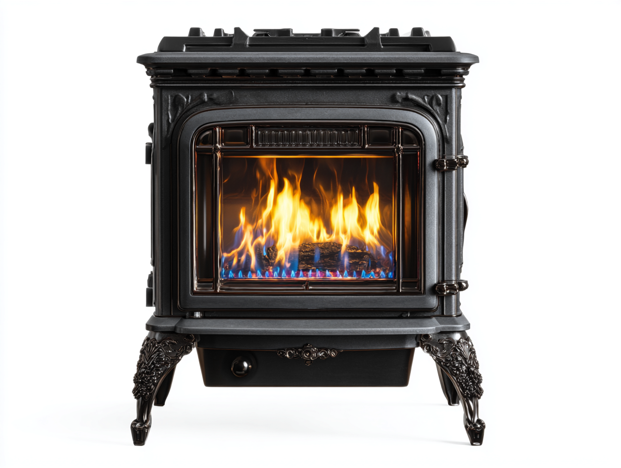 Kamin Gusseisen mit Sichtfenster 68x50x78 cm - Schwarz - klassisches Design - für Wohnzimmer