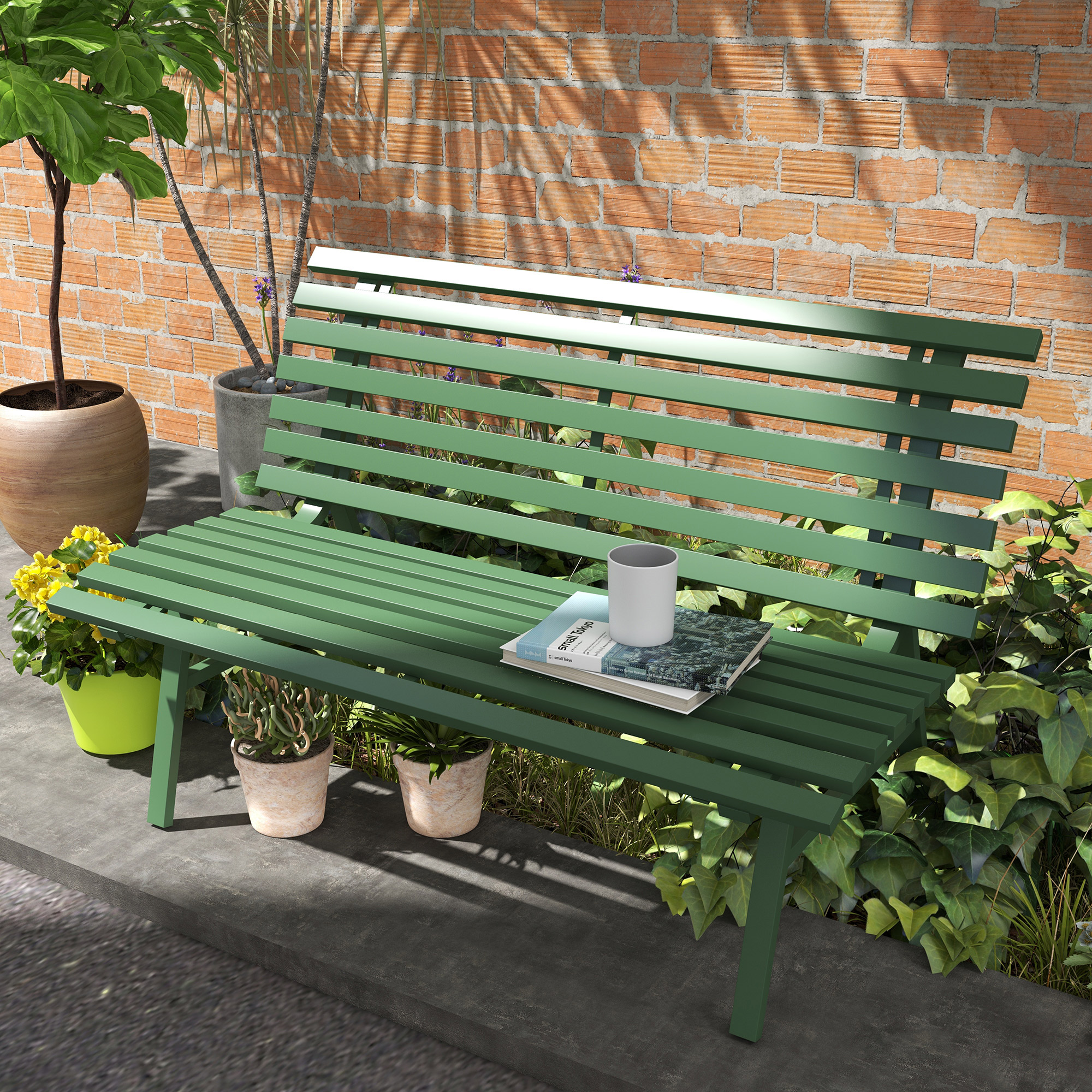 Outsunny Groene Tuinbank, Parkbank, Zitbank in Latdesign, Weerbestendig, Aluminium, 123 x 67 x 79 cm