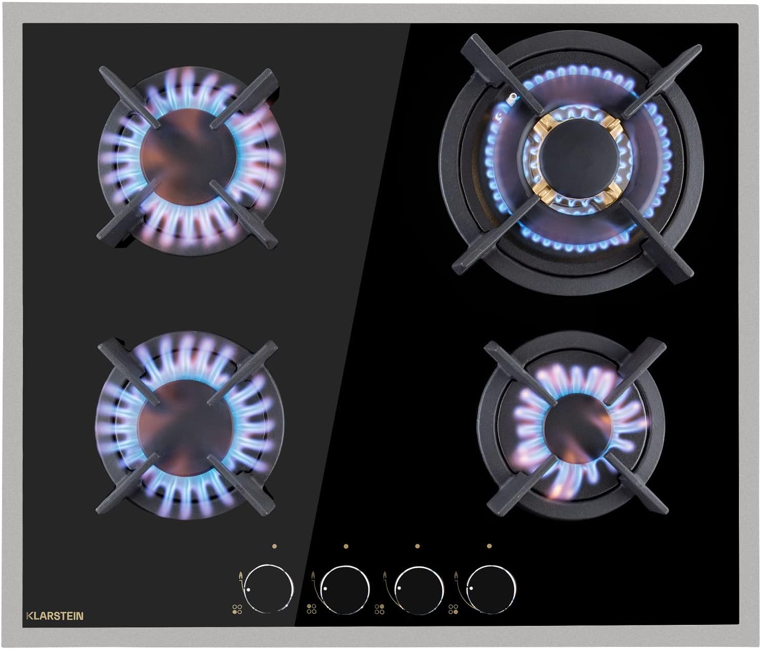 Klarstein Cocina de Gas Butano, Placa de Gas 4 Fuegos 8000W, Placa Vitroceramica Gas Integrada para Cocina, Placa Gas Butano de Diseño, Encimera Gas de Fogones con Base de vidrio y Acero Inoxidable