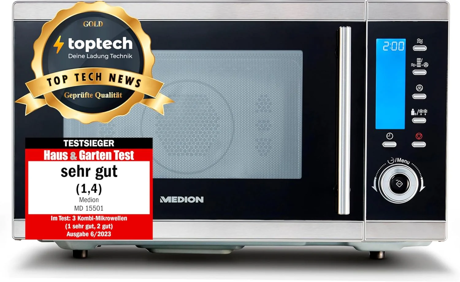 MEDION MD 15501 4 in 1 Mikrowelle mit Grill (25 Liter, 900 Watt, 1100 Watt Grill, 2500 Watt Hei?luft, 10 Automatik-Programme) silber