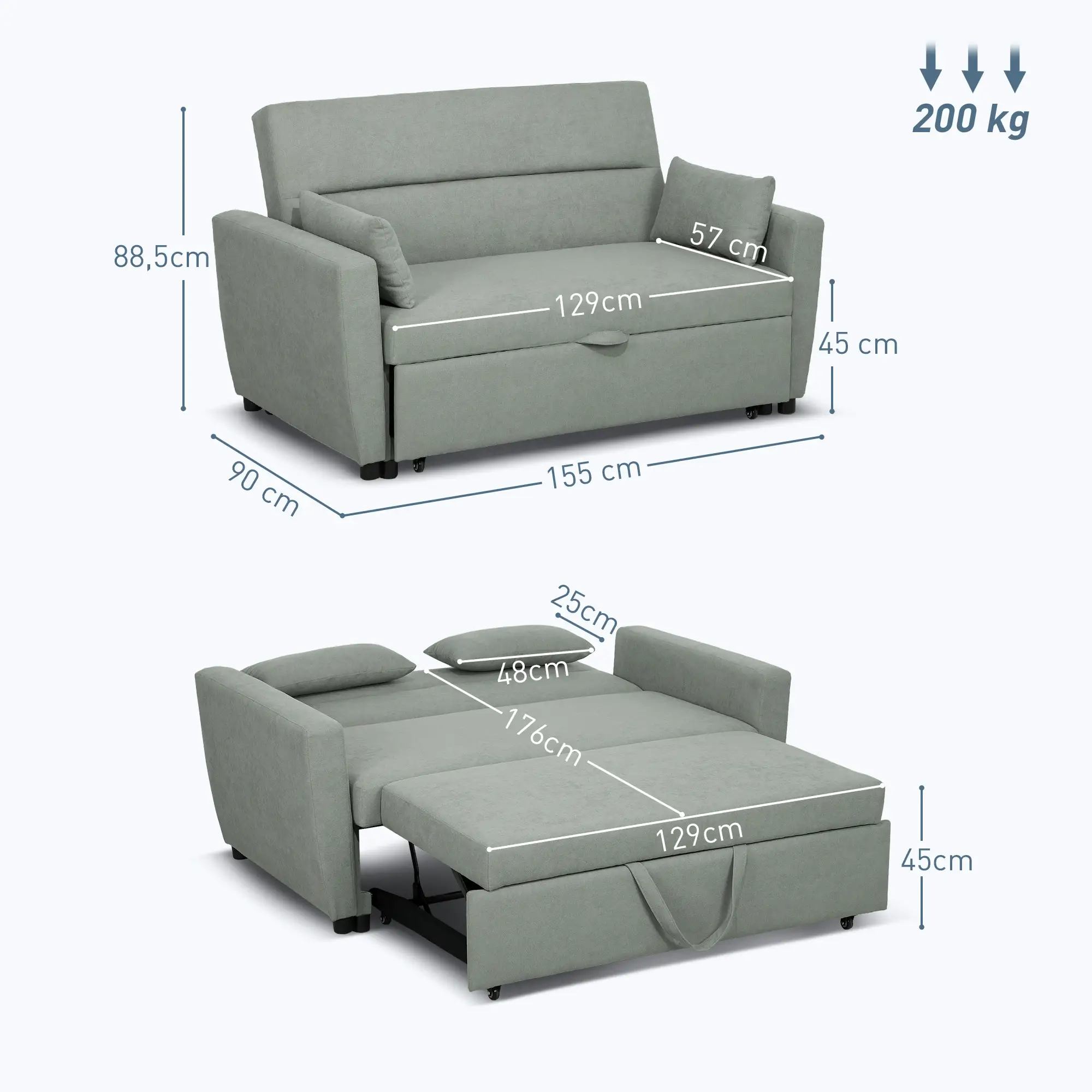 HOMCOM Schlafsofa 2-Sitzer mit Schlaffunktion und Rollen Eukalyptusholz