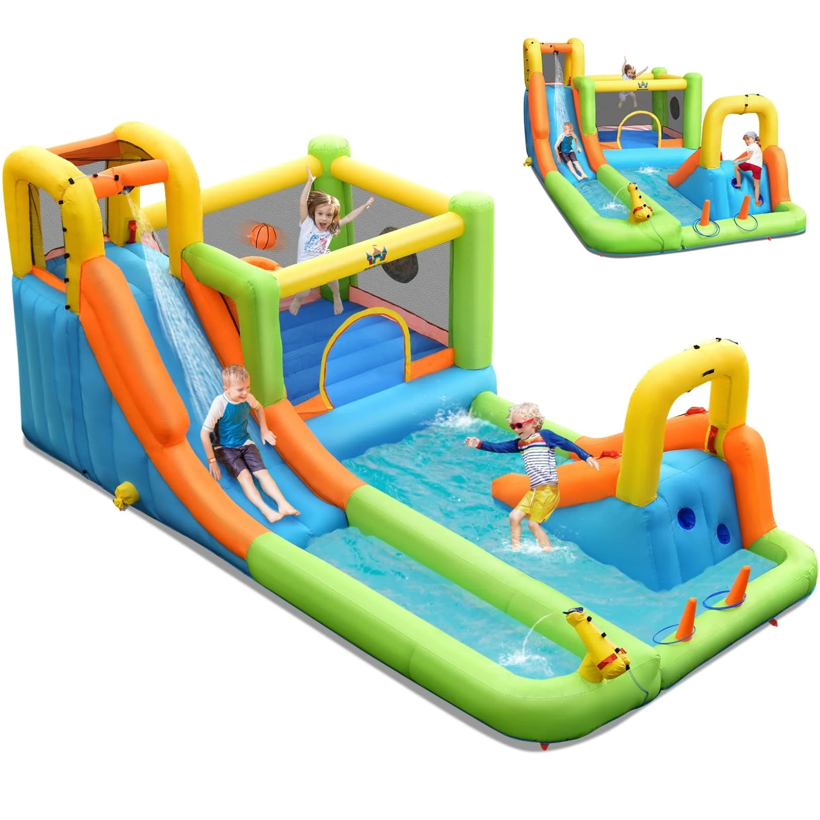 8-in-1 Giant Water Park Bounce House Inflatable Water Slide with Trampoline, Climbing Wall, Splash Pool, Water Gun & Sprinker