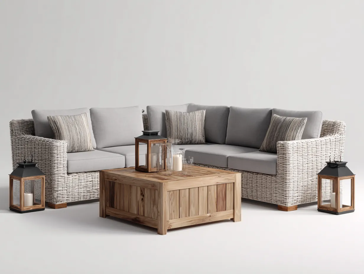Gartensofa-Polyrattan-Aluminium-Holz-240 x 240 x 75 cm-Beige-Grau-Natürlicher Outdoor-Stil