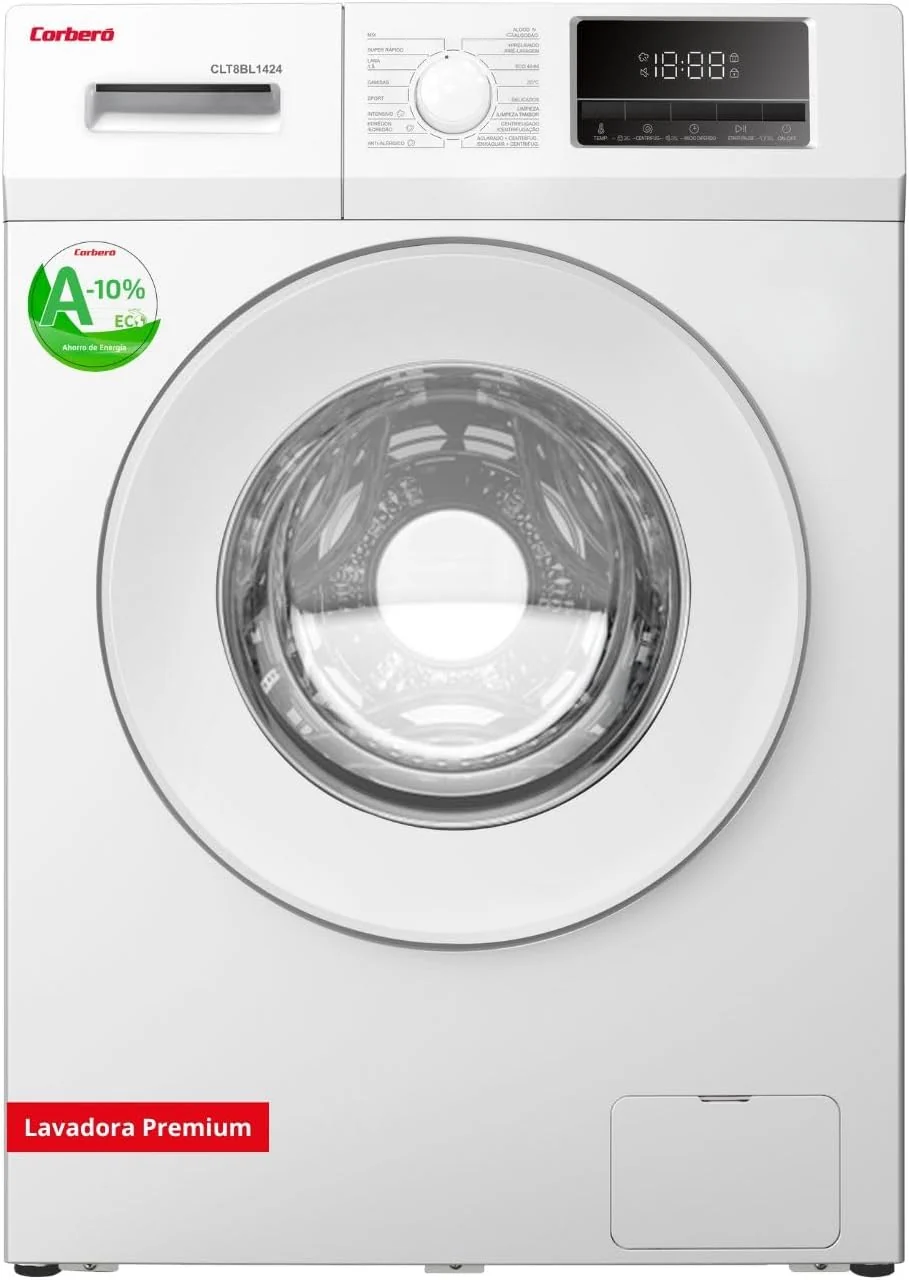 Corberó - Lavadora Carga Frontal Premium 8kg | CLT8BL1424 | 1400 Rpm | Motor Inverter, 16 Programas, Inicio diferido 3-24 Horas, Lavado Rápido de 15-30 Min., Puerta XXL | Blanco