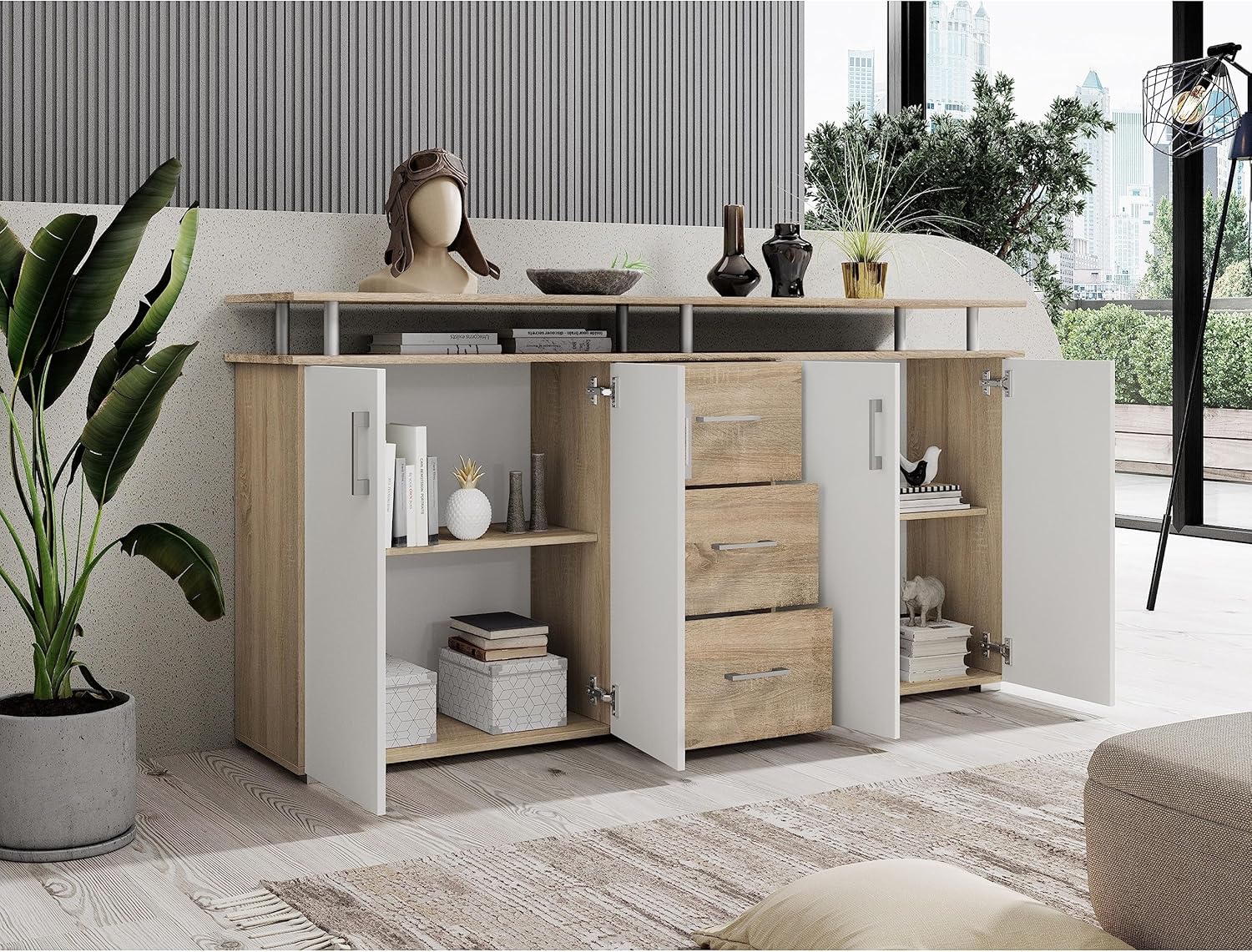 Stella Trading Highboard mit Ablage in Eiche Sonoma Optik, Weiß - Moderner Wohnzimmerschrank mit Schubladen und viel Stauraum für Ihren Wohnbereich - 178 x 90 x 38 cm (B/H/T)