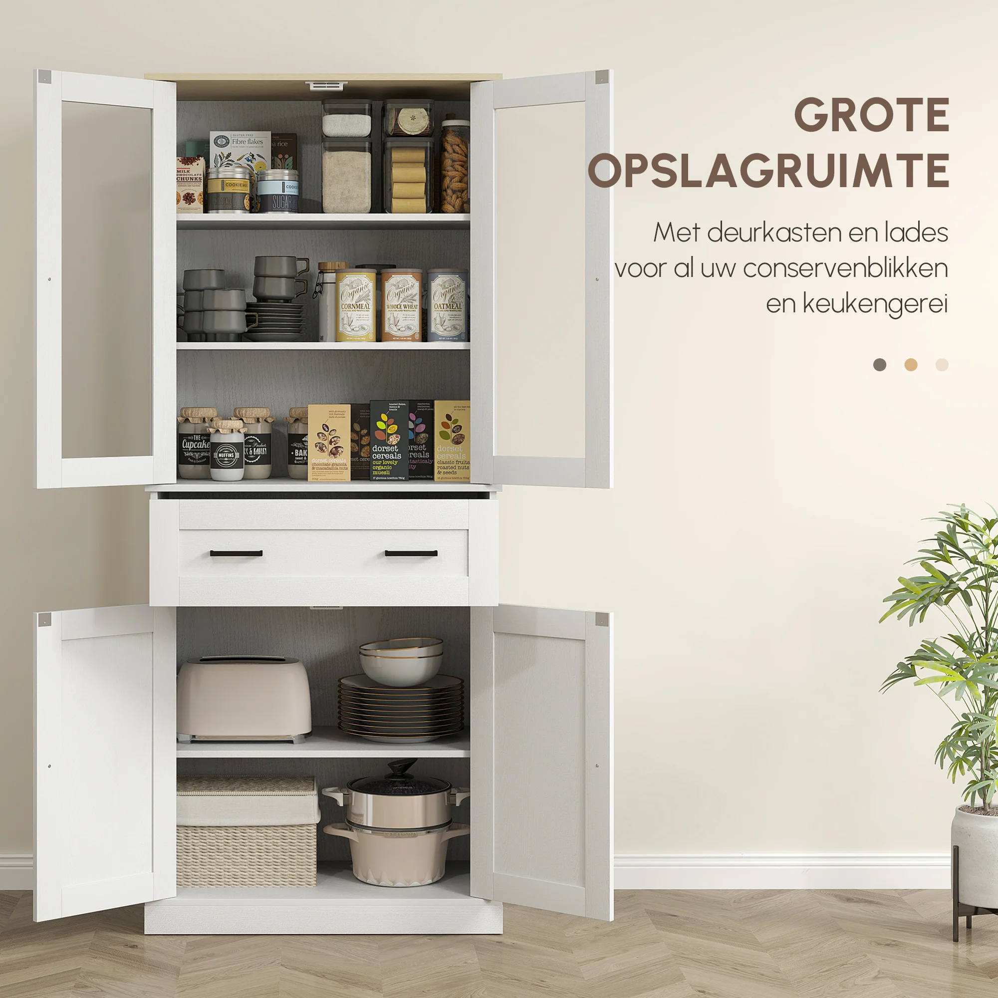 HOMCOM Keukenkast, Buffet, Acrylfront, Lades, 76 x 40 x 182,5 cm, Crèmewit