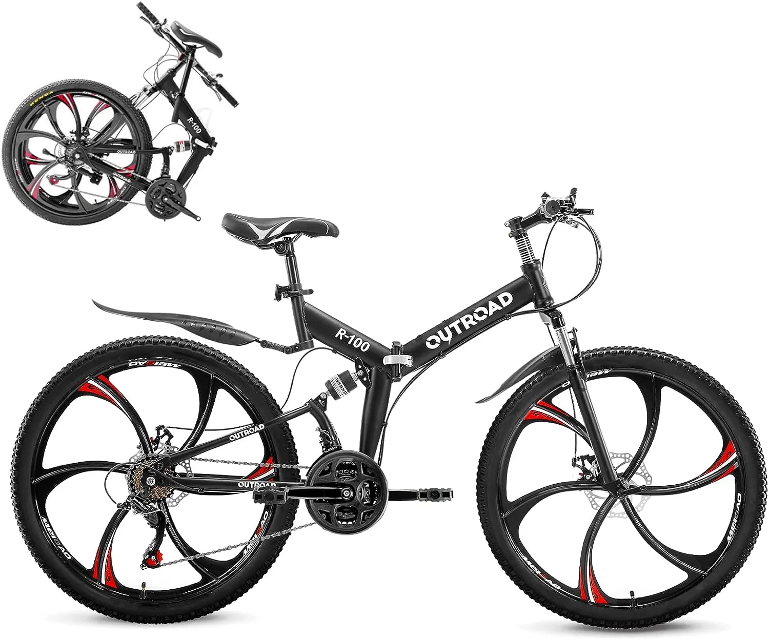 Outroad Folding Mountain Bike 26 Inch for Adult, 21-Speed Dual Suspension MTB Foldable Bicycle