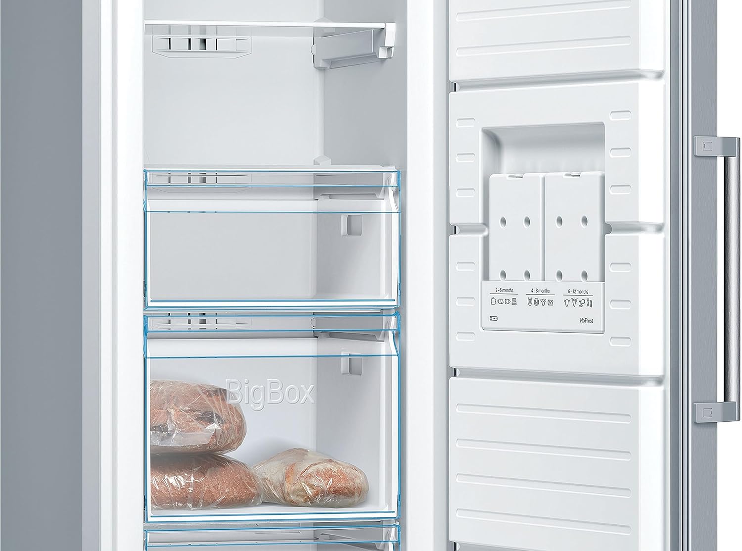 Bosch GSN36VLEP, Serie 4, Freistehender Gefrierschrank, 186 x 60 cm, 242 L, 234 kWh pro Jahr, NoFrost, BigBox Schublade für großes Gefriergut, Vario Zone - Flexibler Gefrierraum, Metall-Optik