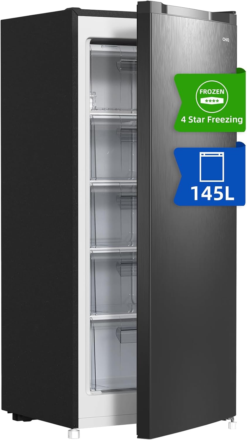 CHiQ FSD166NE4E Gefrierschrank 166 L, No Frost Technologie, Wechselbarer Türanschlag, Schwarzer Edelstahl, 144cm Höhe