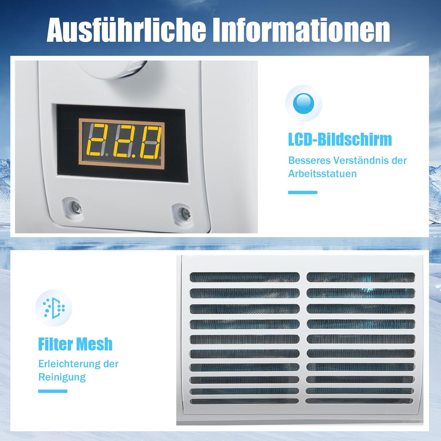 12V Auto Klimaanlage mit LCD Display 100W Auto-Klimaanlagengebläse für Lkw Gabelstapler Wohnmobile und Erntemaschinen Geräuschpegel 65 dB verstellbare Temperaturen 16 bis 30°C