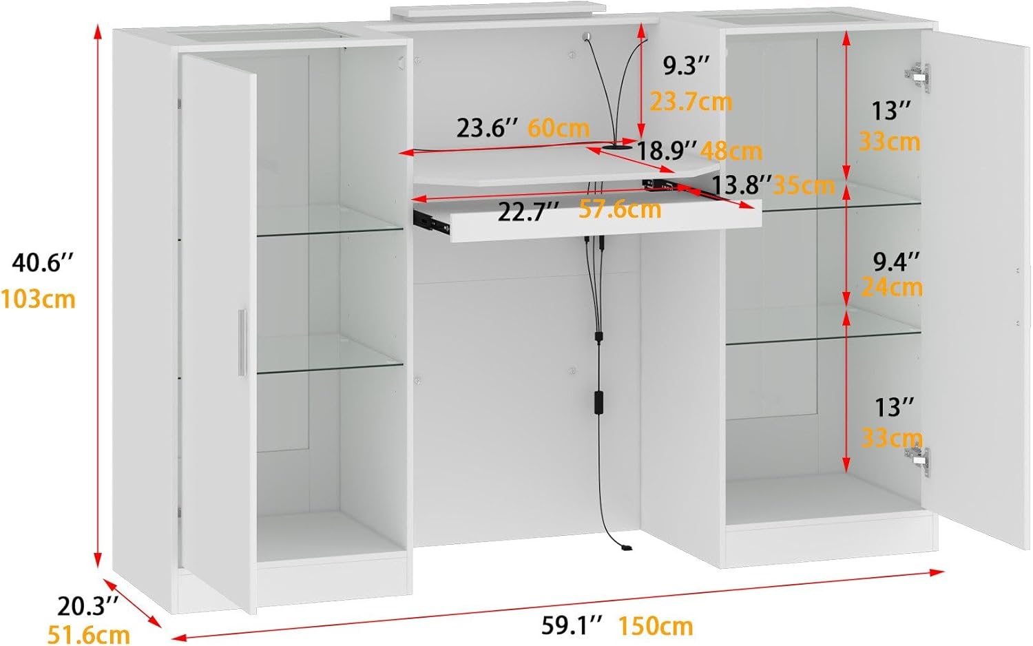 Caldion Empfangstheke mit LED-Beleuchtung,Empfangstresen mit Tatsaturschublade,Rezeptionstheke aus gehärtetem Glas,Empfangstisch mit 2 Schränken,Esszimmer,Büro,Weiß,150x51x103cm