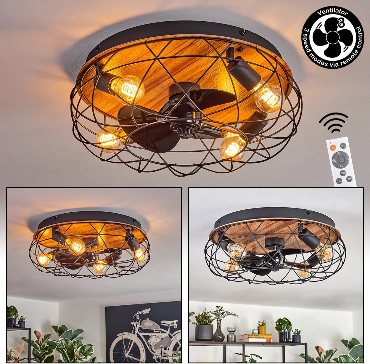 LED Deckenventilator Tourais, Ventilator aus Metall/MDF in Schwarz/Holzoptik, Deckenleuchte im Retro/Vintage-Design in Gitter-Optik, Lichteffekt u. Fernbedienung, Wohnzimmer, Schlafzimmer, Esszimmer