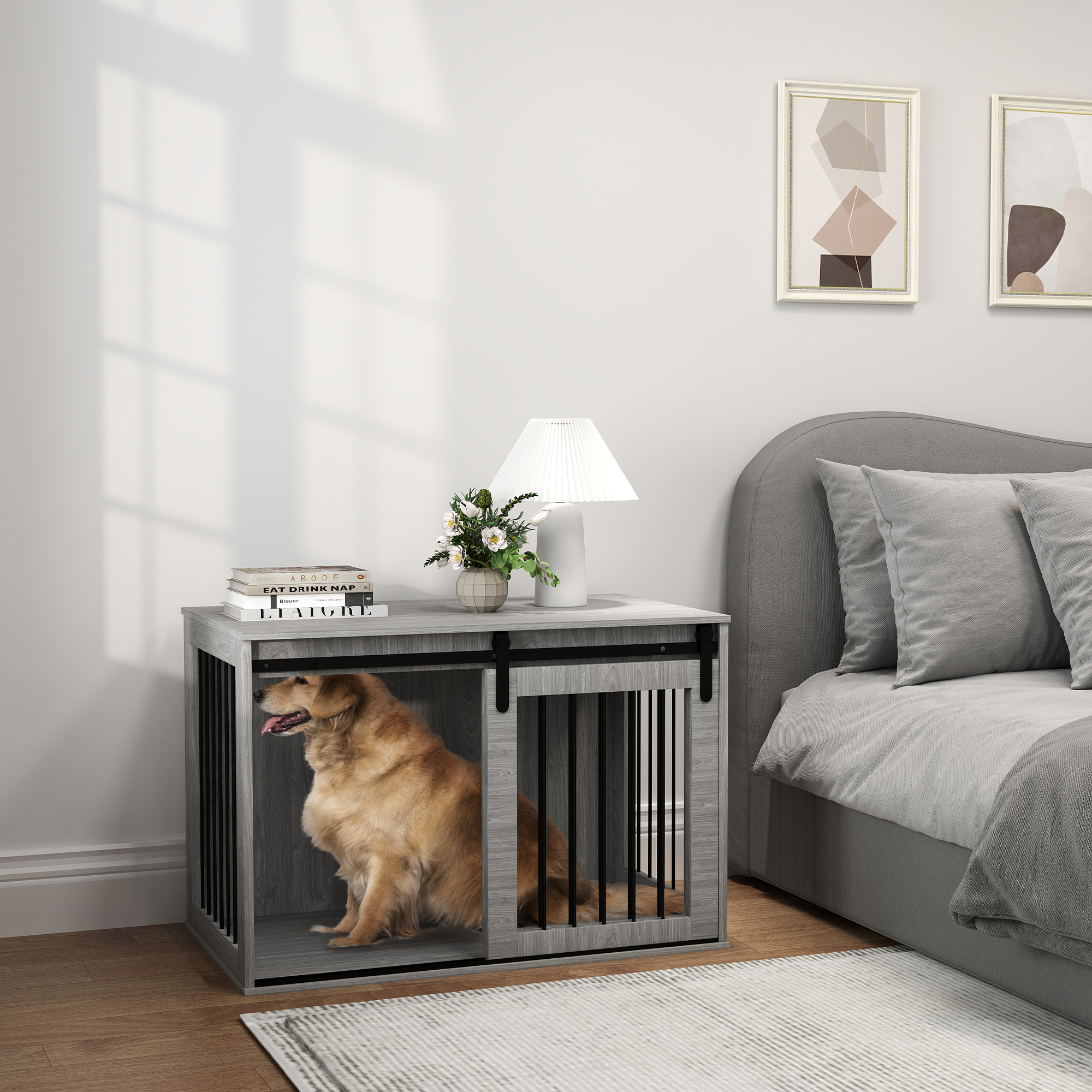 Hondenbench met schuifdeur, ventilatie, spaanplaat en staal, 98 x 58 x 61 cm, Grijs