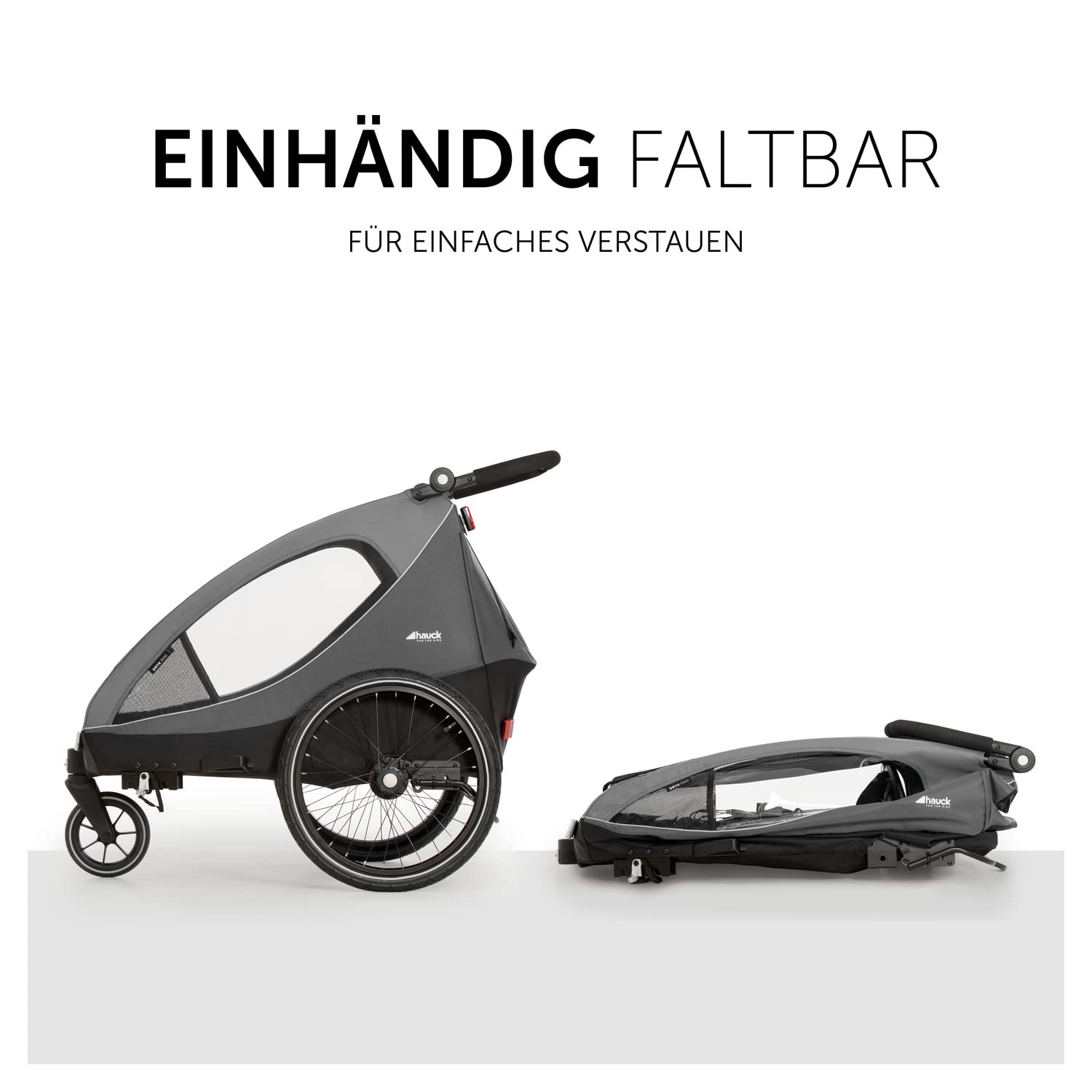hauck Fahrradanhänger & Kinderwagen Dryk Duo Plus mit Federung, für 2 Kinder (6-48 Monate), inkl. Deichsel, Buggyrad, Fahne und LED Licht, Faltbar, Höhenverstellbar, XL Kofferaum (Dark Green)
