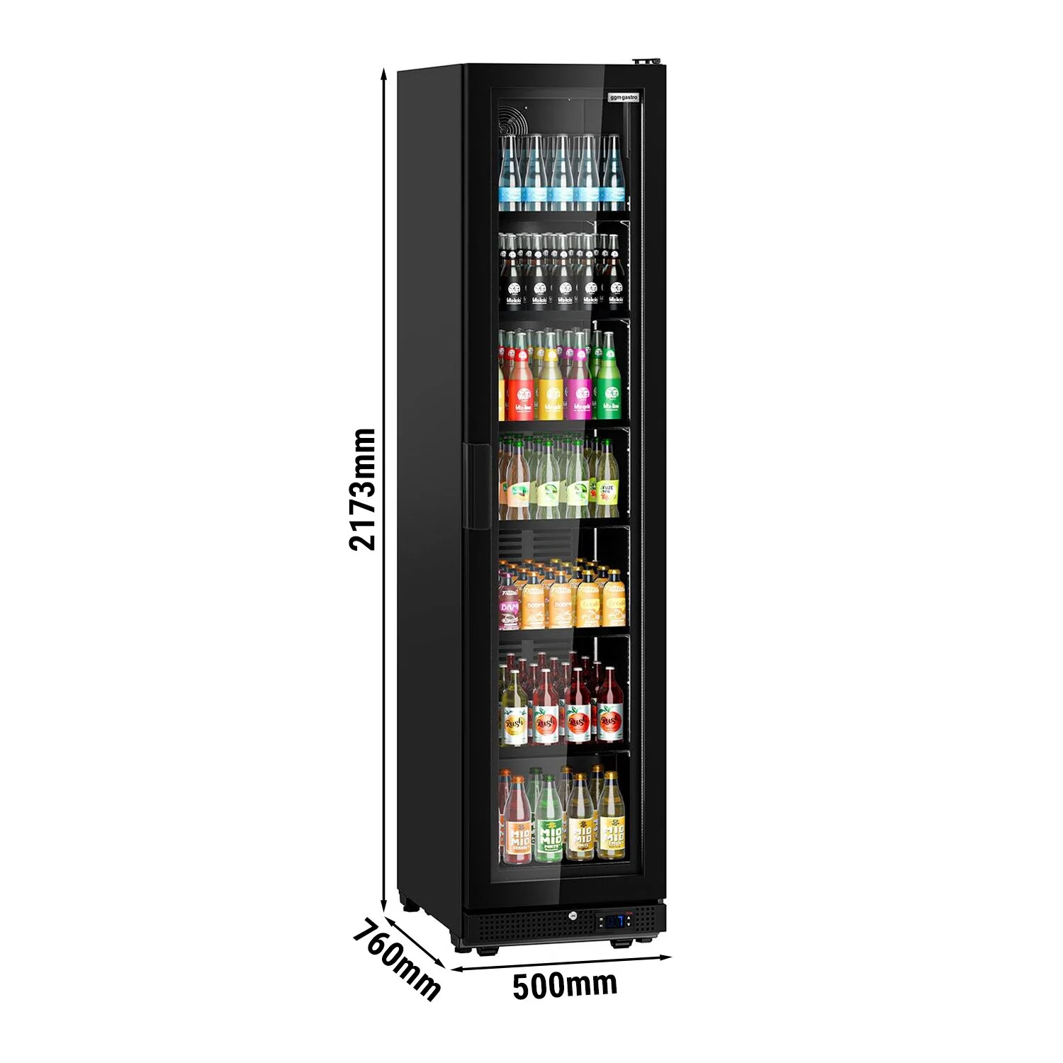 Displaykjøler - 500 mm - 463 l - smal modell - digitalt display - med 1 glassdør & LED-belysning - svart