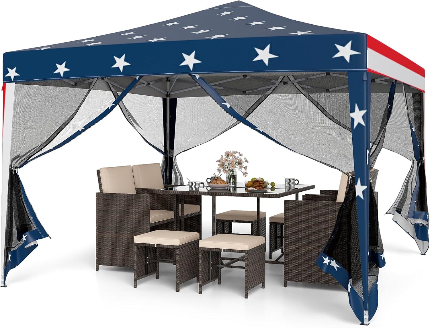 Goplus 10 FT x 10 FT Pop-Up Canopy Tent. Easy Setup Instant Folding Shelter w/Mesh Netting. Carry Bag. 8 Stakes & 4 Ropes. Height Adjustable Sunshade. Commercial Tent for Camping (Coffee)