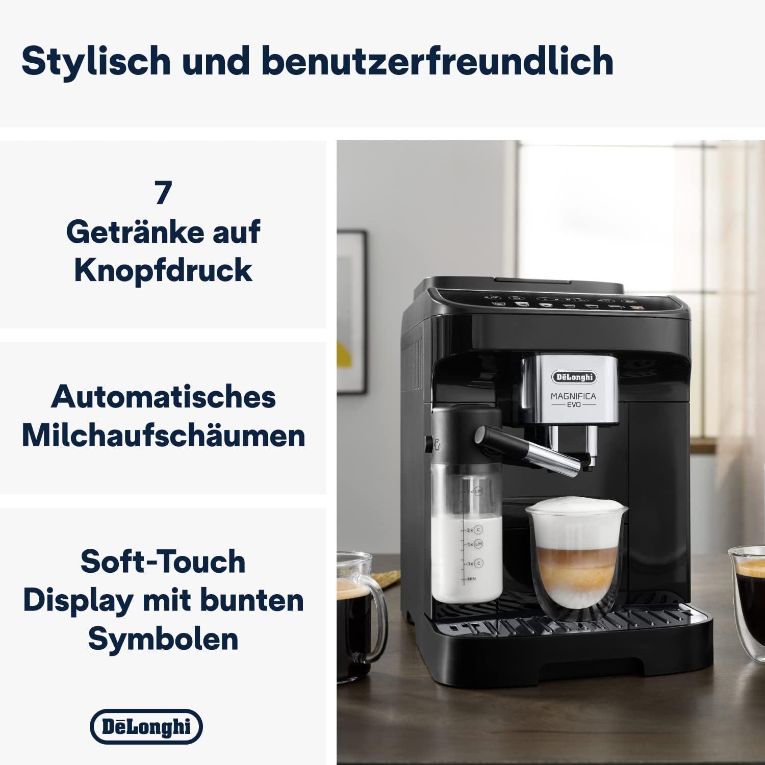 De'Longhi Magnifica Evo Next ECAM312.80.TB, Kaffeevollautomat mit 13 Getränken (Cappuccino, Espresso, Latte Macchiato), 2,4'' TFT Farbdisplay, LatteCrema Milchsystem, 2-Tassen-Funktion, Titan