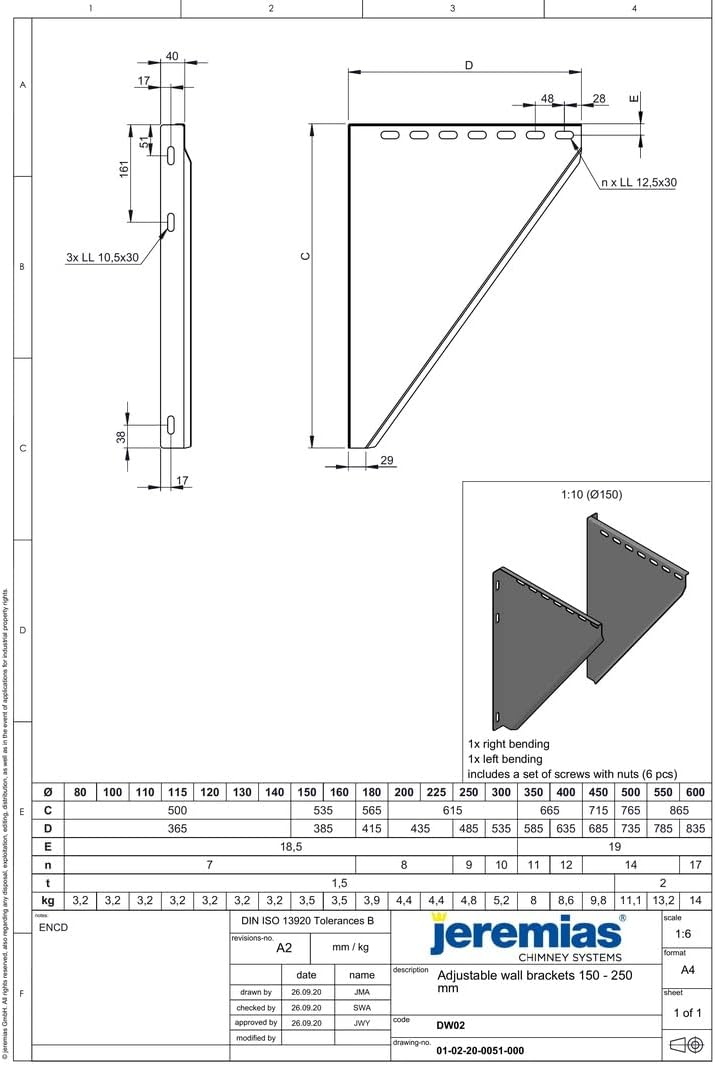 Jeremias DW-ECO 2.0 Doppelwand Edelstahl Abgassystem 600mm mit verstellbaren Konsolblechen 150-250mm CE-zertifiziert für Öl Gas Holz Kohle Heizsysteme