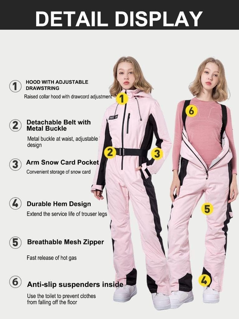 ALSOGO Einteiliger Skianzug für Damen, Skioverall 10,000mm wasserdichter Schneeanzug mit abnehmbarer Pelzkragen Mantel Gürtel, Warm Isoliert Skibekleidung für Outdoor Winter Skifahren Snowboard