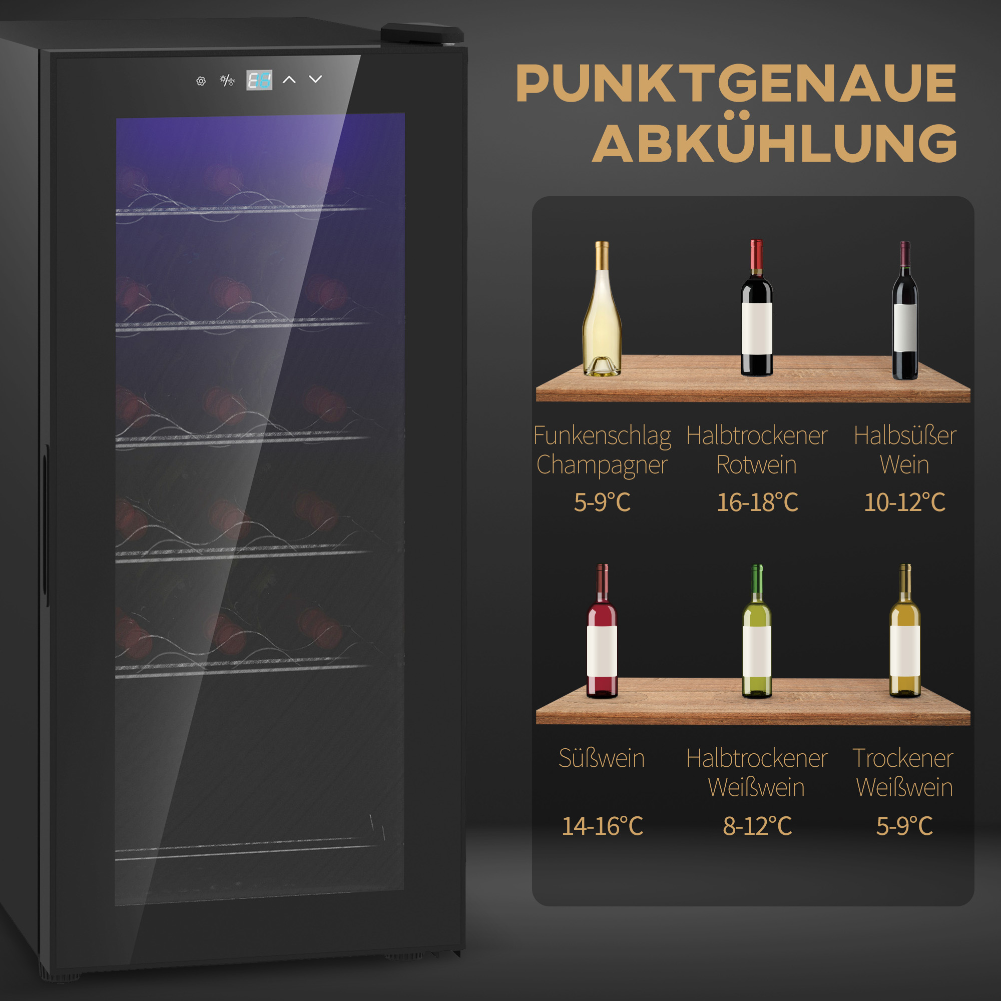 Wijnkoelkast, Stil, 5-18��C, Touchscreen, Verlichting, 34,5x45x78cm, Zwart