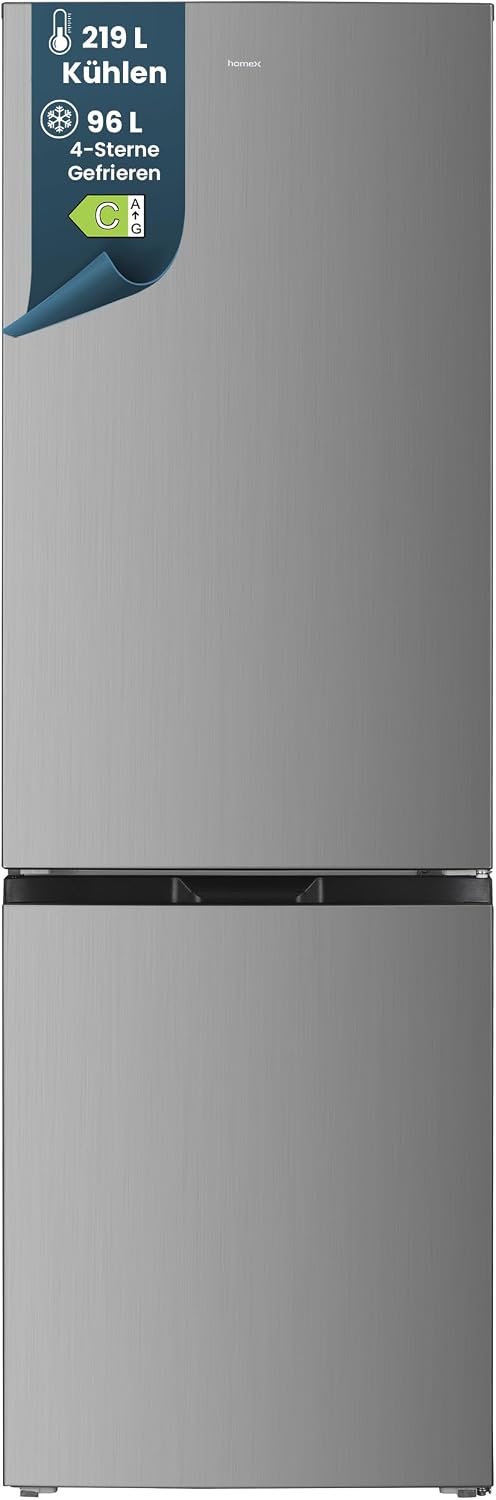 homeX Kühlschrank mit Gefrierfach, Kühl-Gefrier-Kombination freistehend, groß - 315 Liter, 4-Sterne Gefrieren, Super-Frost-Funktion, leise, EEK C, XXL Kühl Gefrierkombination silber, CFS3151C-S