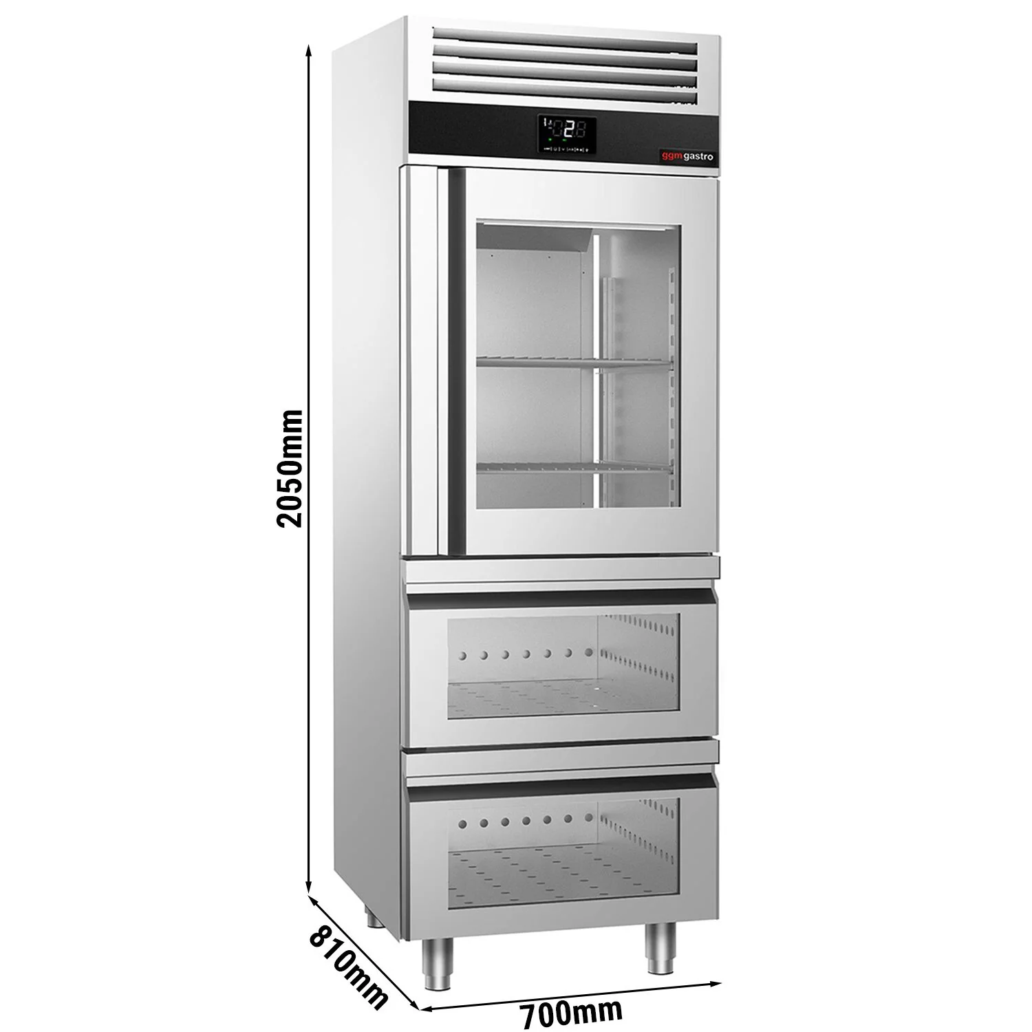 Kjøleskap i rustfritt stål PREMIUM - GN 2/1 - 700 l - -2 °C til +8 °C - med 1 glassdør - LED-belysning, Ventilert kjøling, Selvlukkende dør med lås, R290