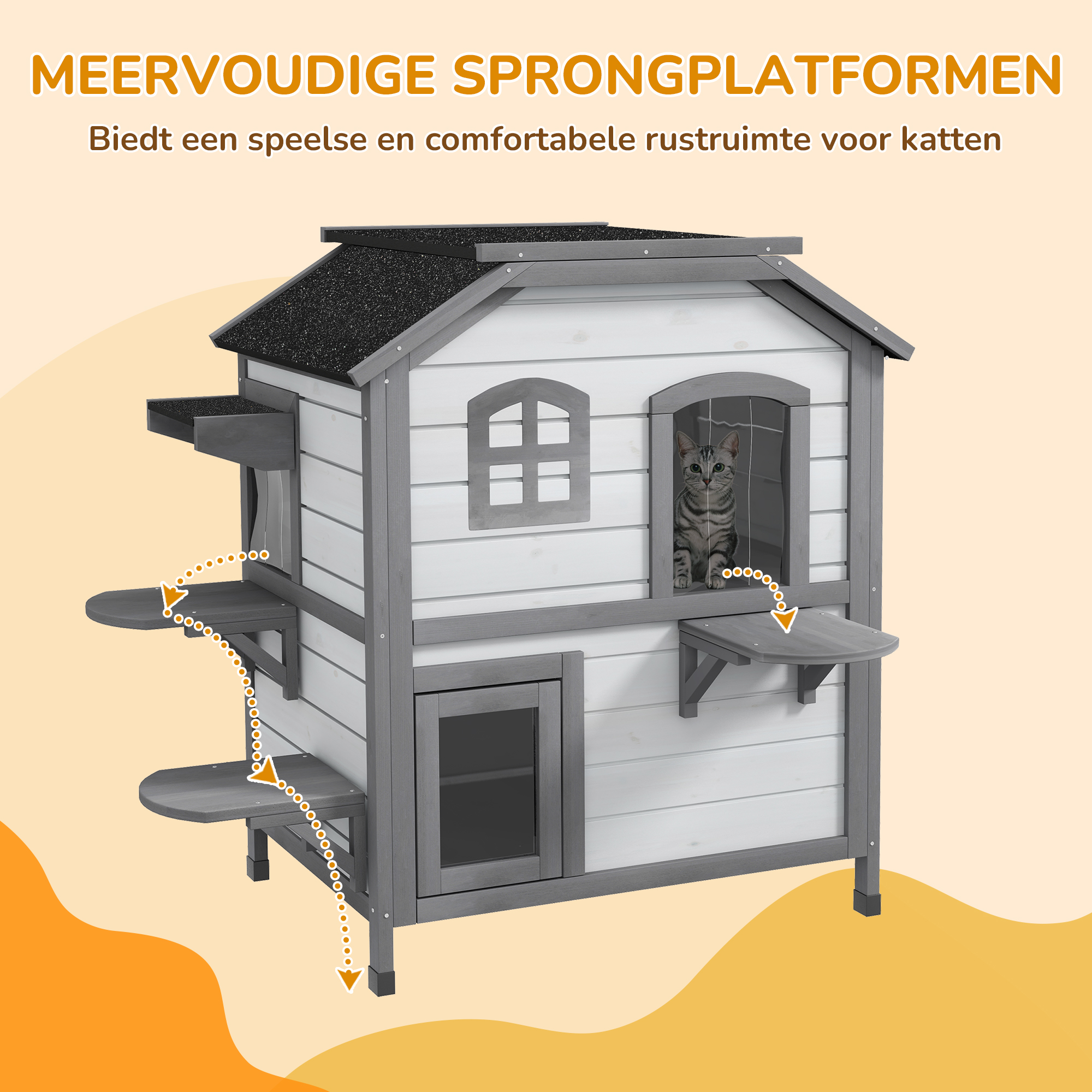 Kattenhuis Kattenhok Kattenhol, 2 Verdiepingen, weerbestendig, 78,1 cm x 55,2 cm x 90,8 cm, Wit + Grijs