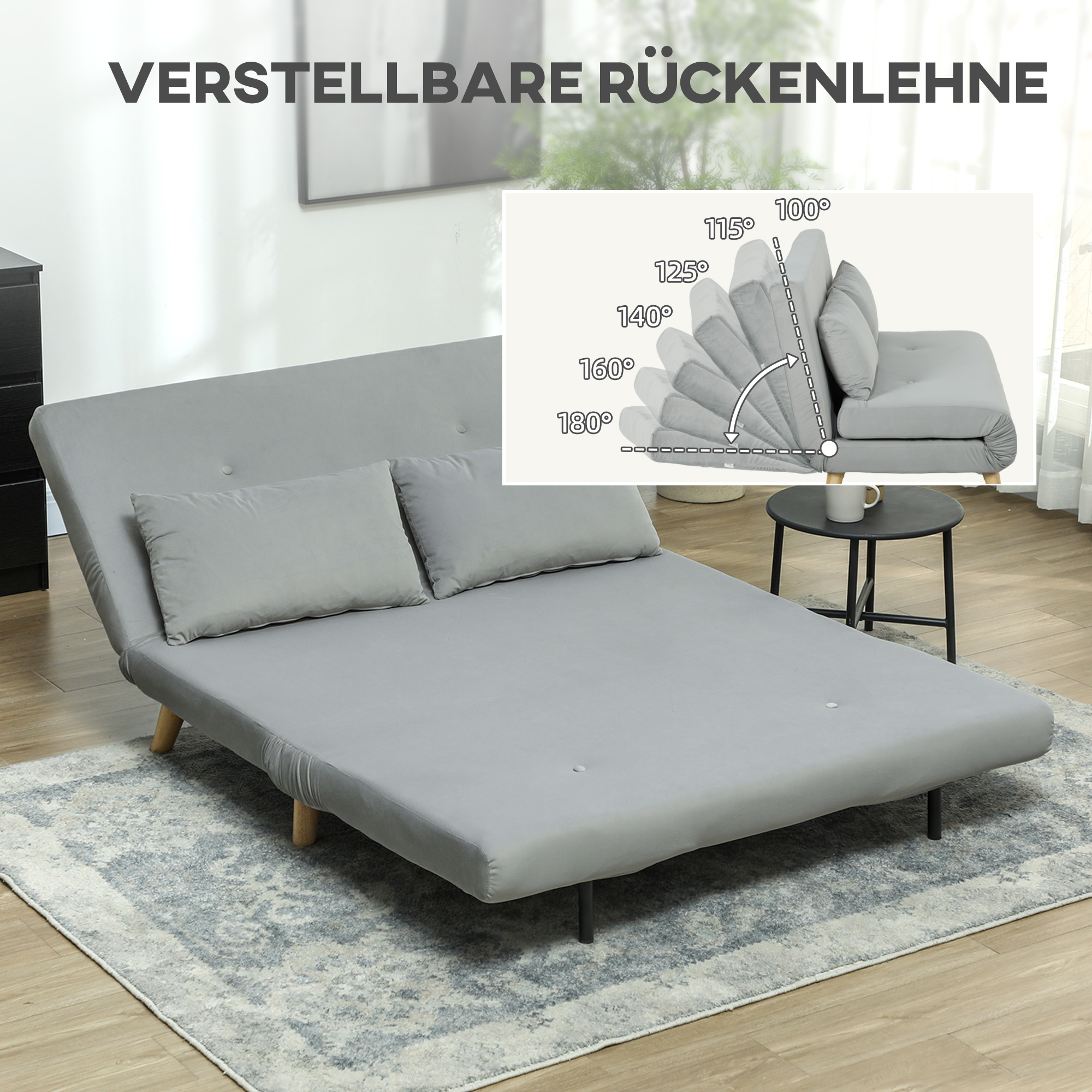 Slaapbank Relaxbank Bank Sofa, incl. 2 Kussens, Fluweel Look, 130 x 78 x 79 cm, Lichtgrijs