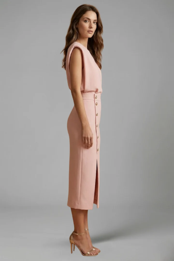 Damen Midikleid mit Rundhalsausschnitt und seitlichem Schlitz | ?rmelloses Kleid mit Knopfleiste und tailliertem Schnitt