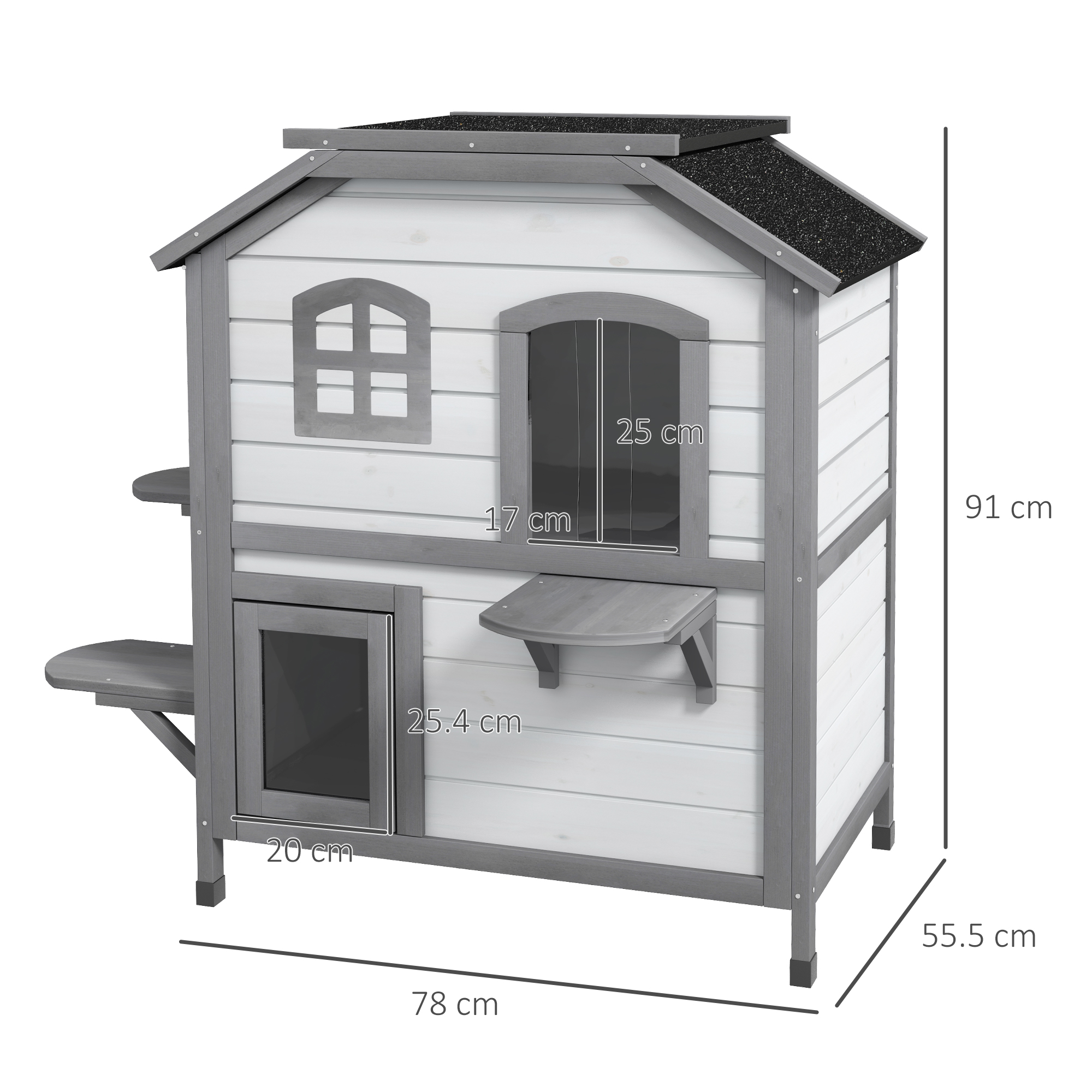 Kattenhuis Kattenhok Kattenhol, 2 Verdiepingen, weerbestendig, 78,1 cm x 55,2 cm x 90,8 cm, Wit + Grijs