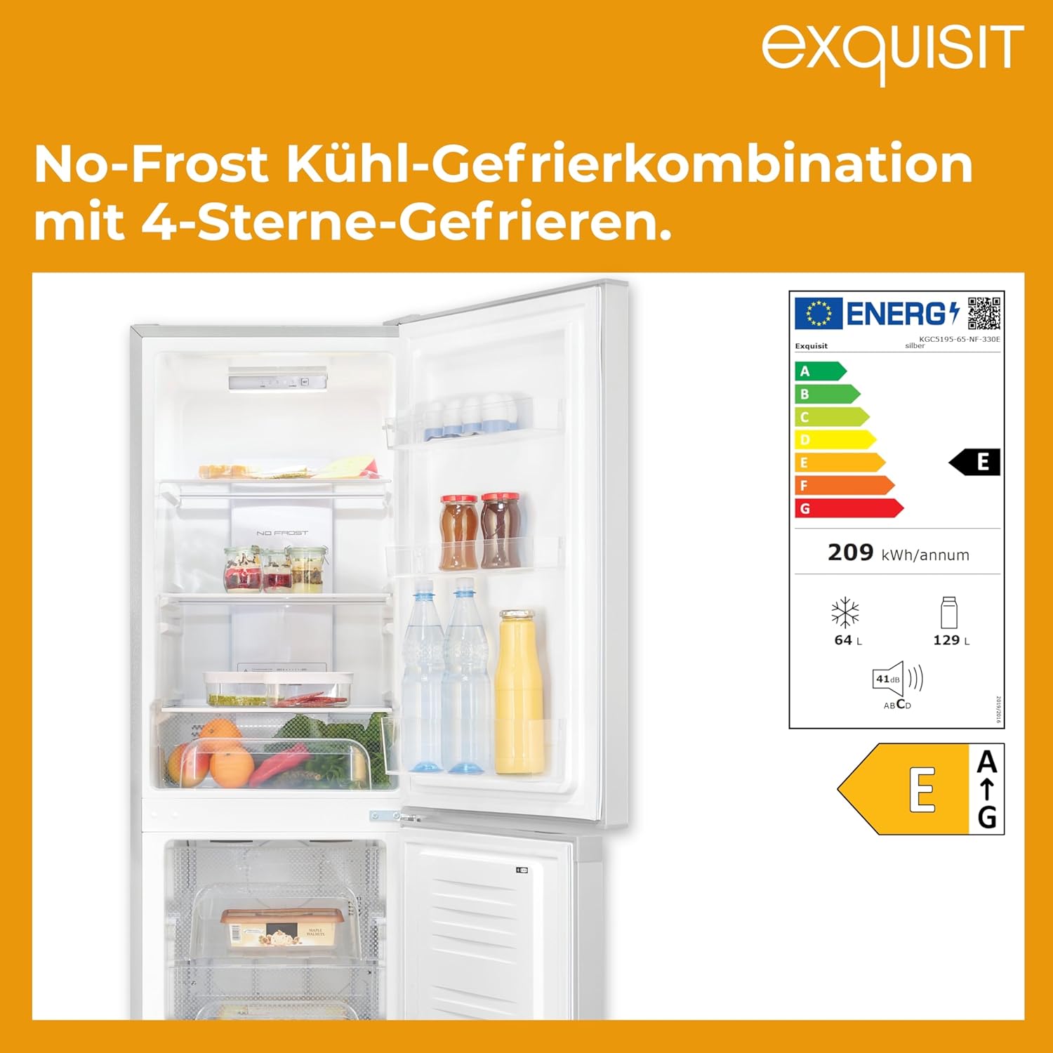 Exquisit Kühl-Gefrierkombination No Frost | 193 l, No Frost Kühlschrank, Energieklasse E, 41 dB, LED, 160 x 51 x 61 cm | KGC5195-65-NF-330E silber