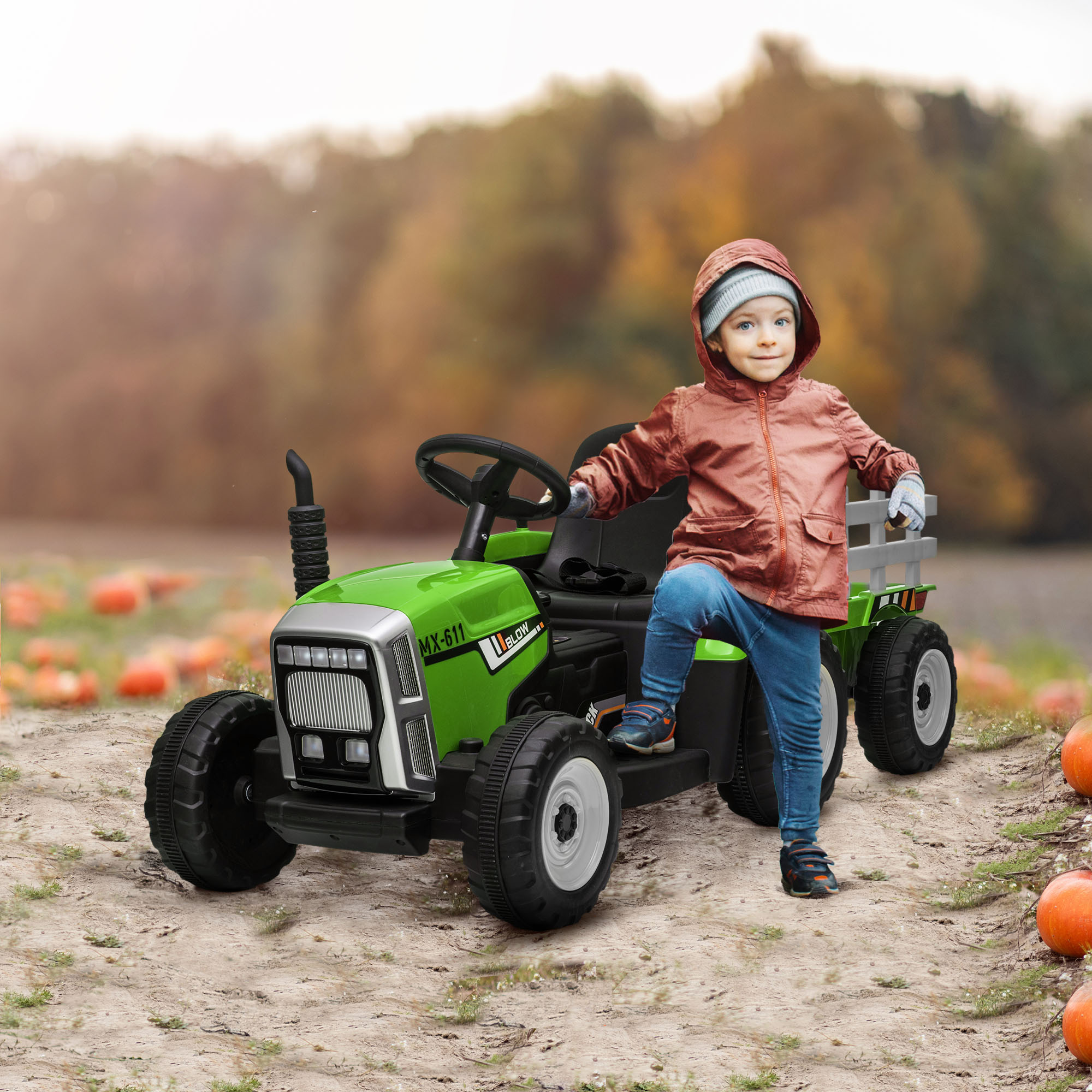 Elektrische kinderauto, kindertractor, inclusief ouderlijke afstandsbediening, maximale snelheid van 6 km/u, groen + zwart