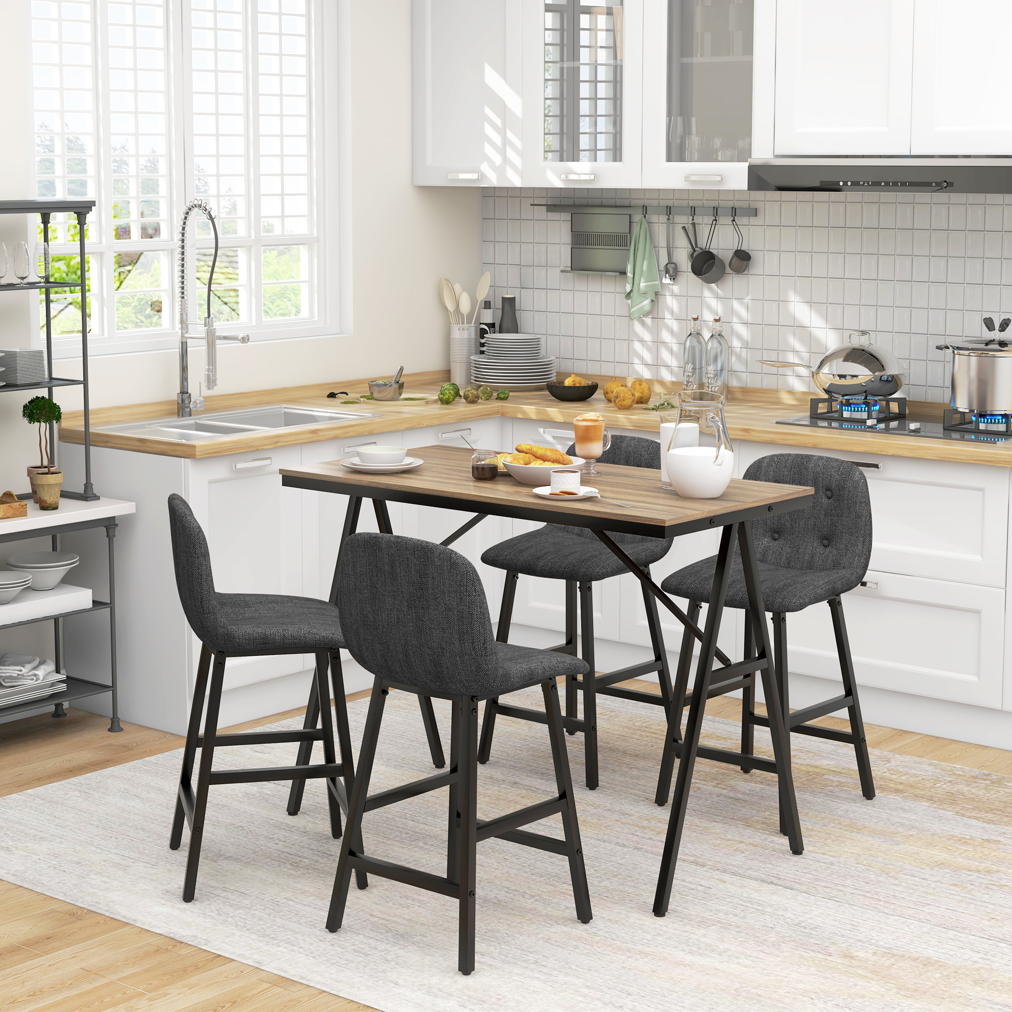 5-delige Bargarnituur, Tafel en 4 Stoelen, Knoopafwerking, Dikke Bekleding, Linnenlook, Donkergrijs