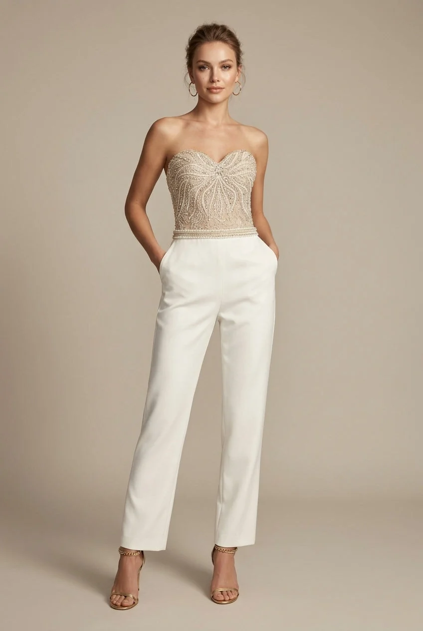 Tr?gerloser Jumpsuit mit Perlenbesatz �C Pailletten-Oberteil, gerades Bein f��r Damen
