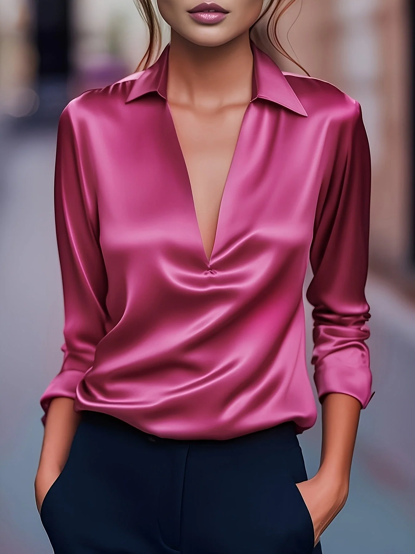 Damen Stilvolle, vielseitige Bluse im Satin-Look mit V-Ausschnitt
