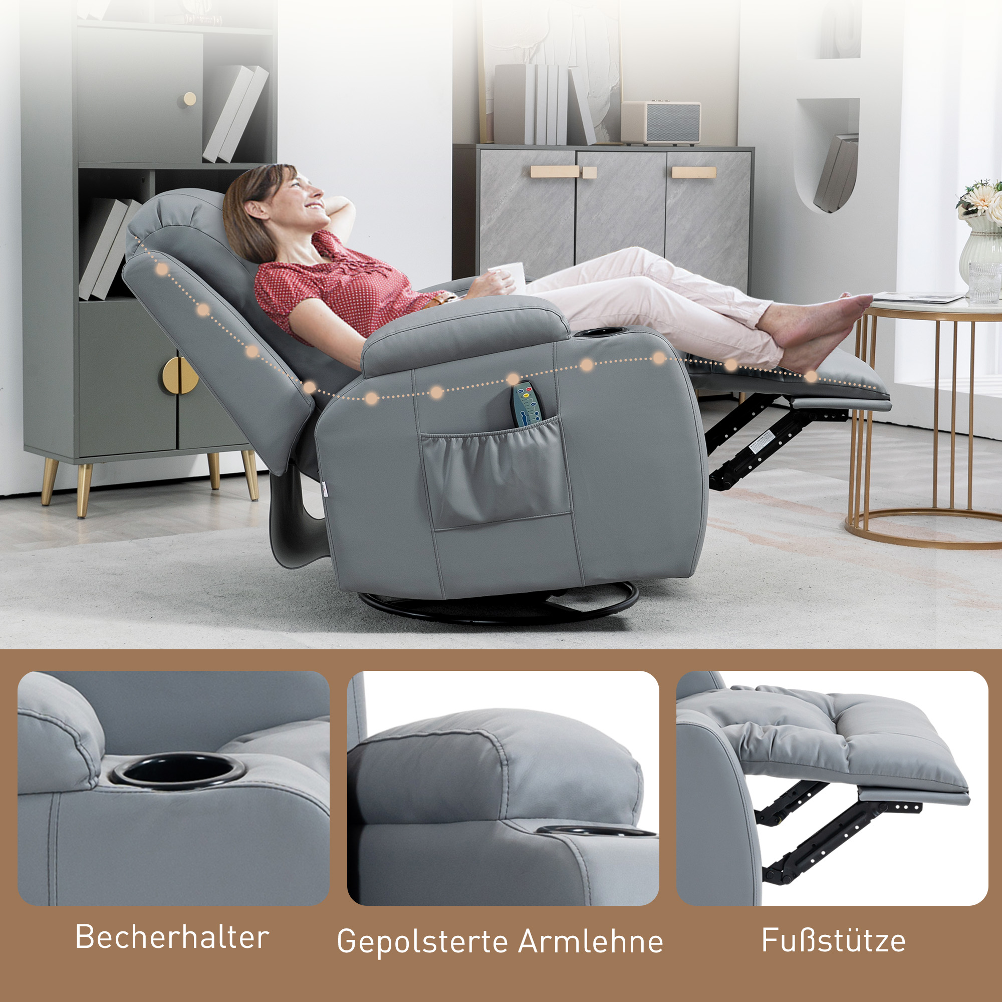 Massagestoel met Wip-, Lig- & Verwarmingsfunctie, Timer, 5 Modi, Draaibaar, Lichtgrijs