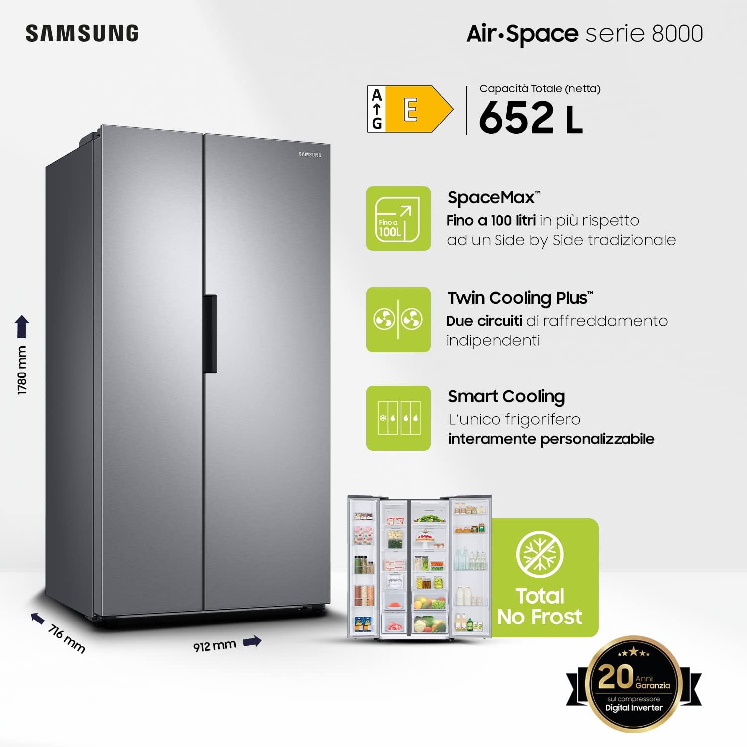 Samsung RS66A8101SL/EF Réfrigérateur Side by Side - Réfrigérateur 409L, Congélateur 243L, 358 kWh/An