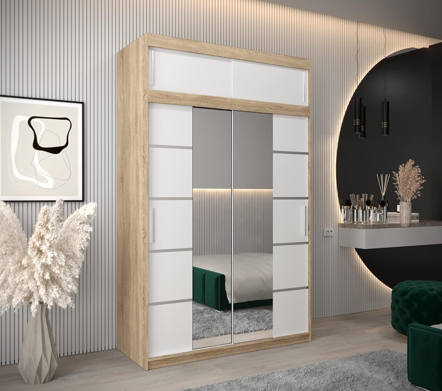 ABIKSMEBLE Verona 4 150 Armario 2 Puertas Correderas para Dormitorio - Armario Moderno con Espejo, Barra y Estantes - 150x240x62 cm (Ancho x Alto x Fondo) - Sonoma + Bianco Mate con Extensión