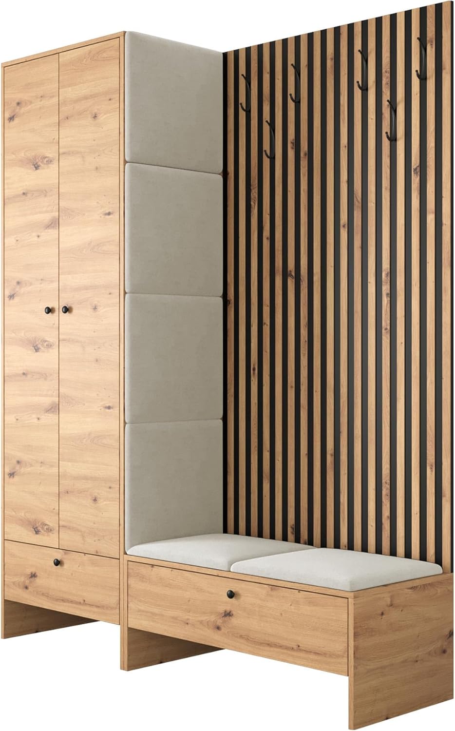 Mirjan24 Garderoben-Set Melire III, Kleiderschrank Schuhschrank Lamellen Paneel mit Kleiderhaken Gepolstertes Paneel/Wandpaneel Kleiderstange Wandgarderobe Flurgarderobe (Eiche Artisan, Manila 02)