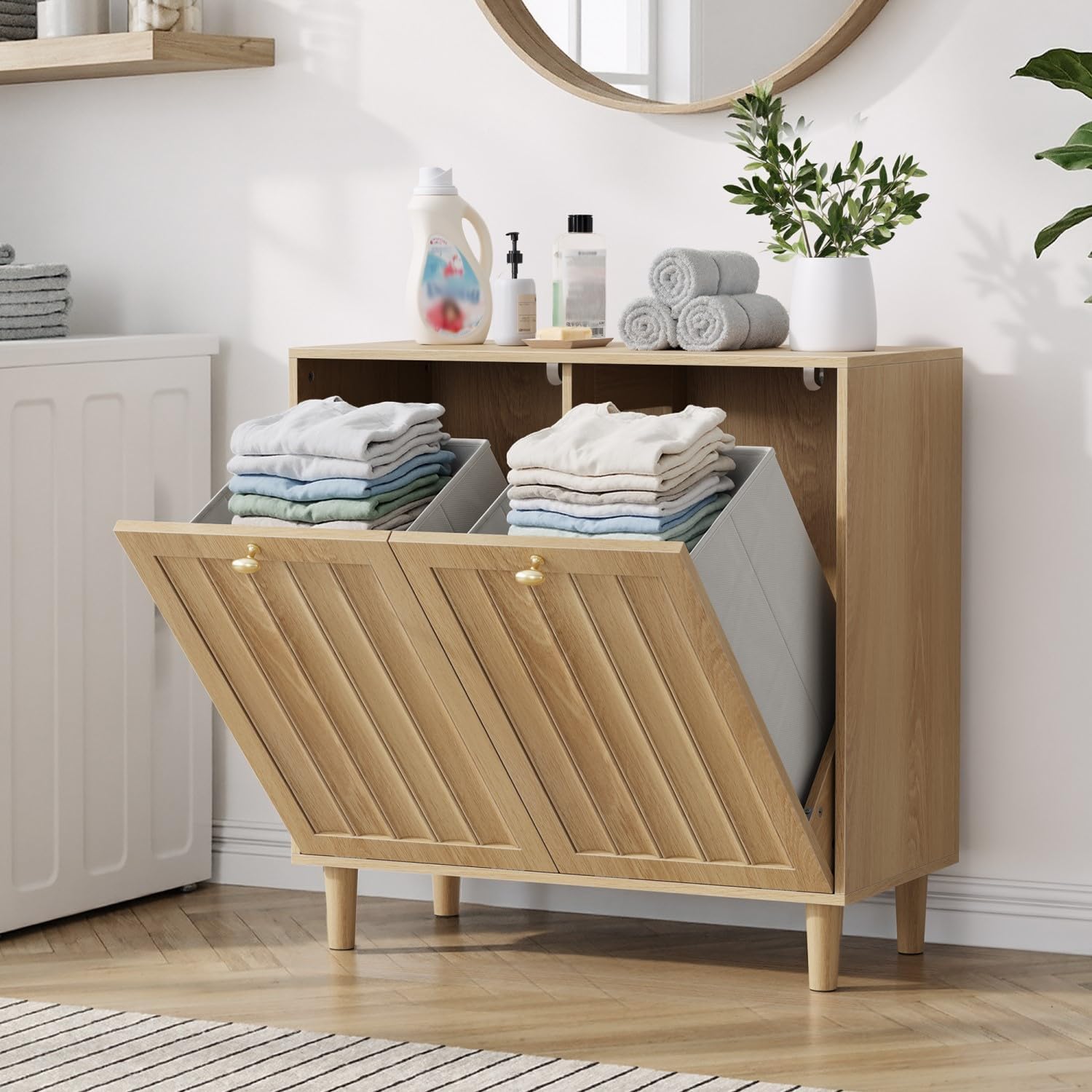 Oak Sloping Laundry Hamper Cabinet with 2 Removable Liners, Freestanding MDF Tilt-Out Storage Cabinet with Anti-Tipping Kit, Concealed Bathroom & Laundry Room Organizer, 27.8