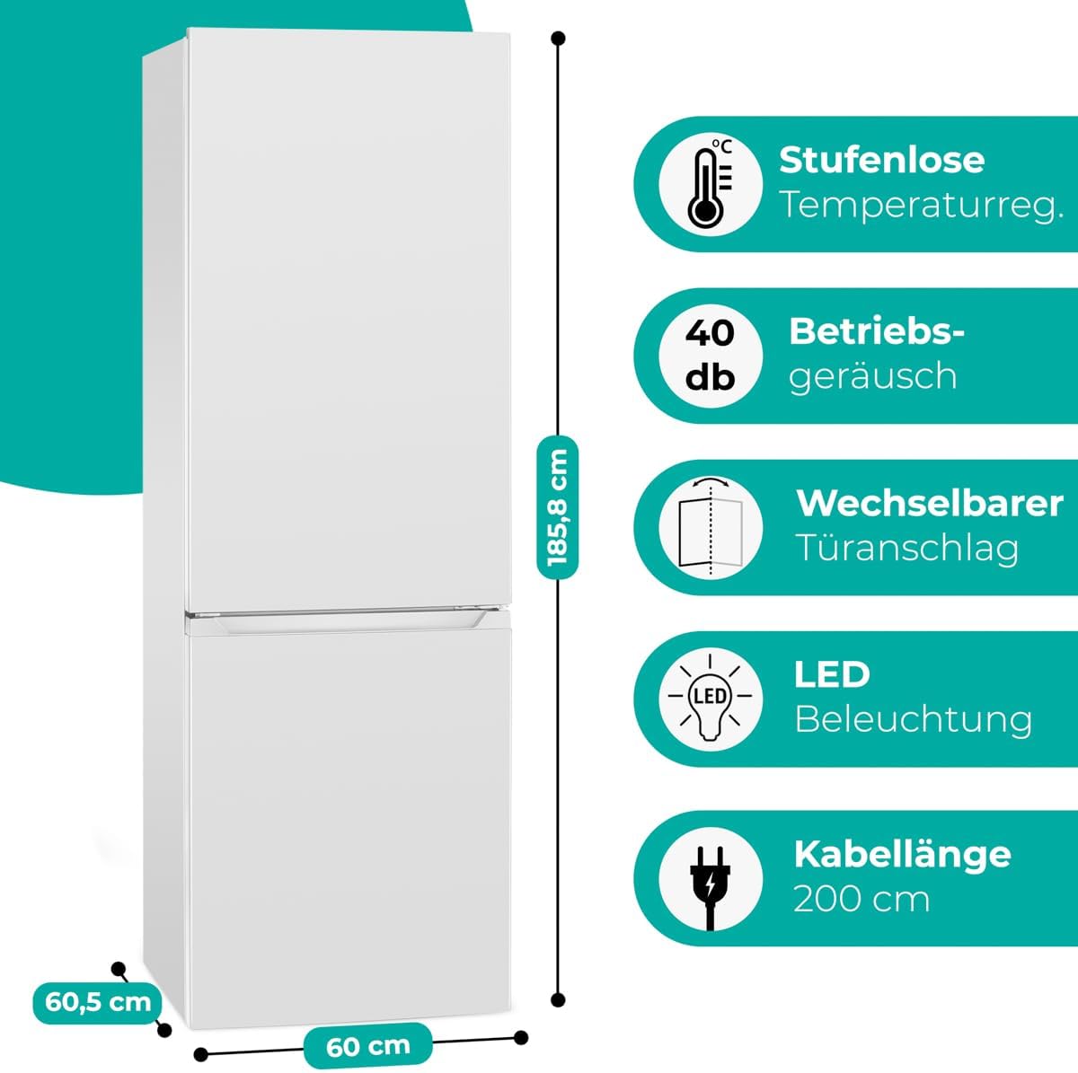 Bomann® Kühlgefrierkombination, 269 L Nutzinhalt - Kühlen: 198 L | Gefrieren: 71 L, Energiesparend, leise 39 dB, LED, wechselbarer Türanschlag, Höhe:180 x Breite: 55 x Tiefe: 55.8 cm - KG 184.1 weiß