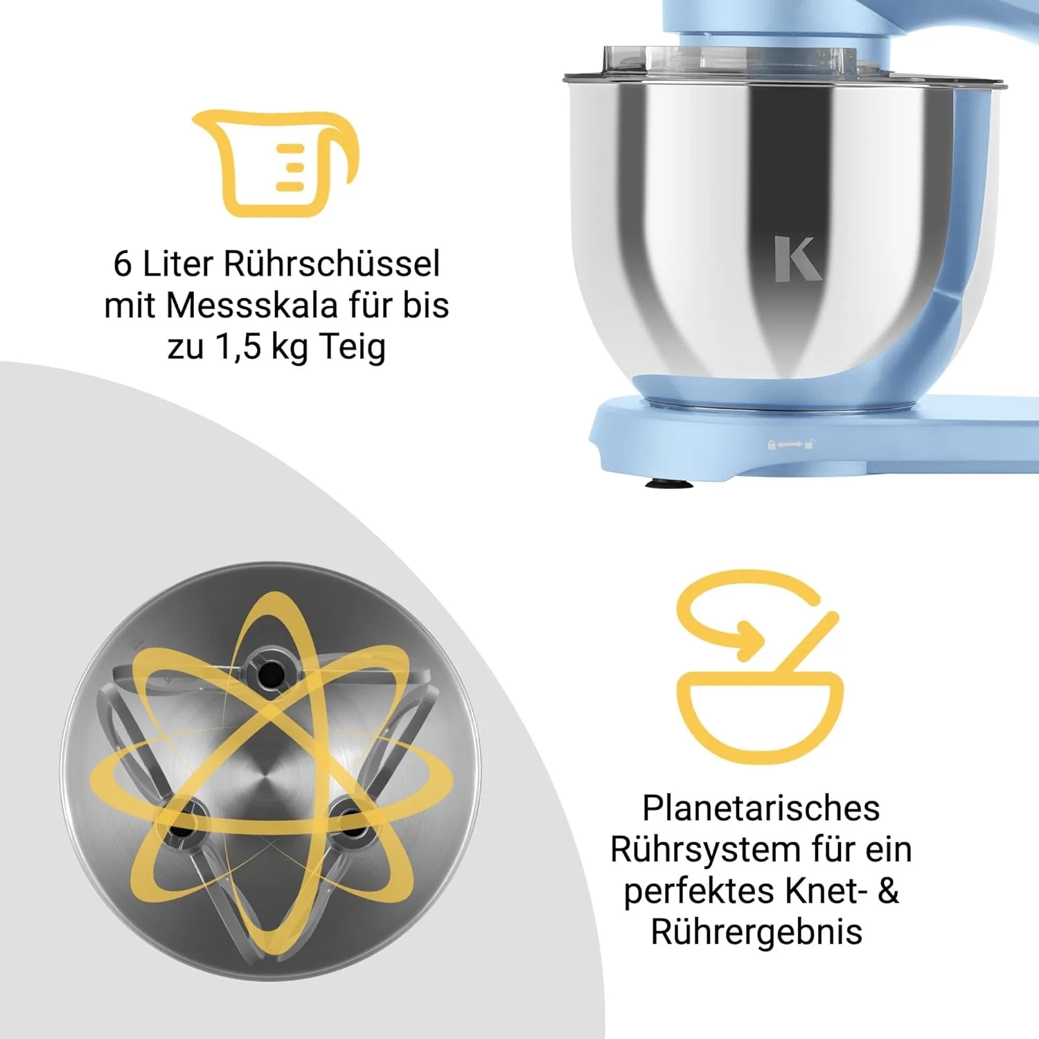 KLAMER Keukenmachine 1800W, Kneedmachine met 6 Liter RVS Kom, 10 Snelheidsstanden met Timer, Klopper, Deeghaak, Garde en Spatdeksel
