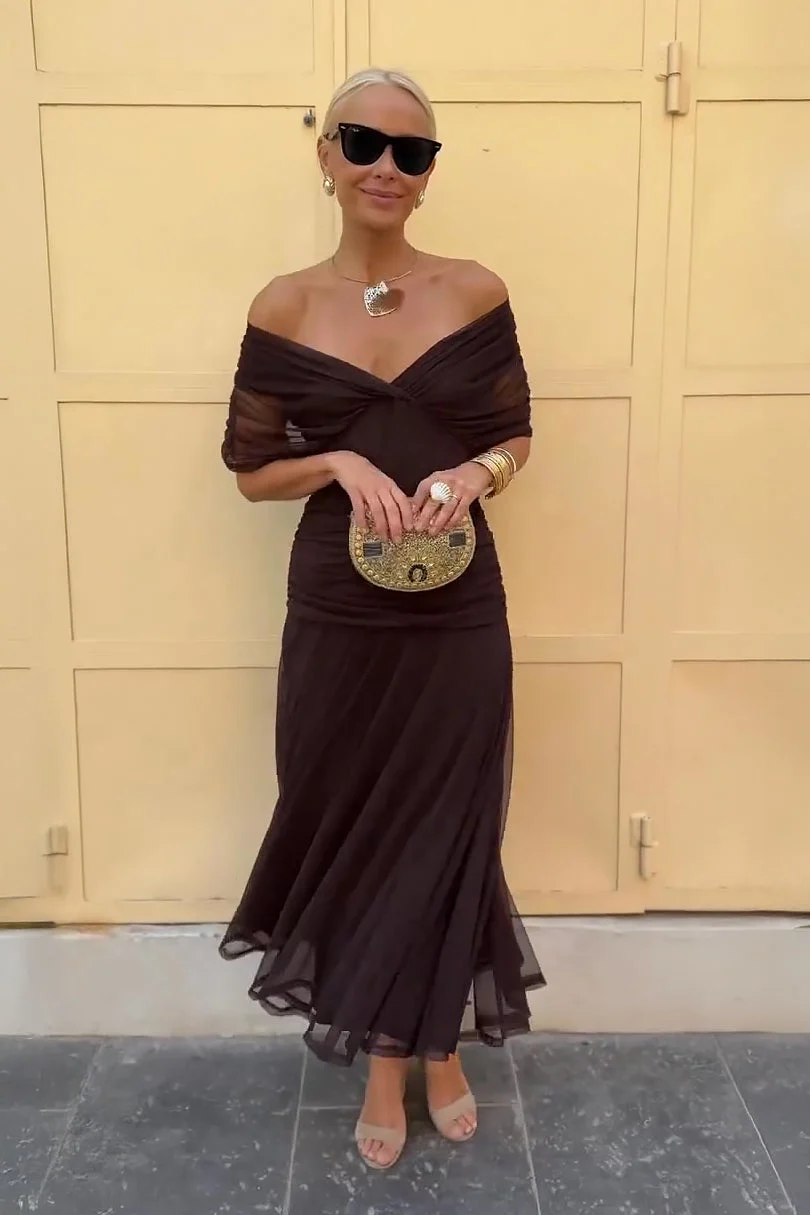 Elegantes schulterfreies Cocktail-Maxikleid mit Blumenmuster
