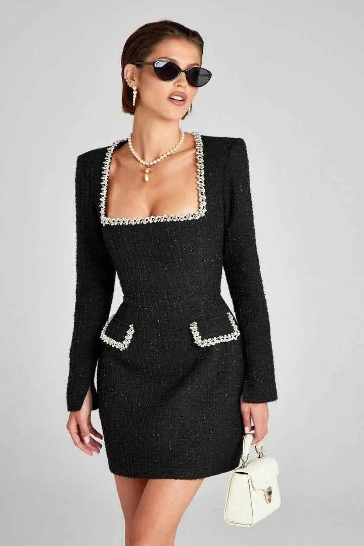 Langarm Tweed Minikleid f��r Damen mit Perlendetails und elegantem Schnitt