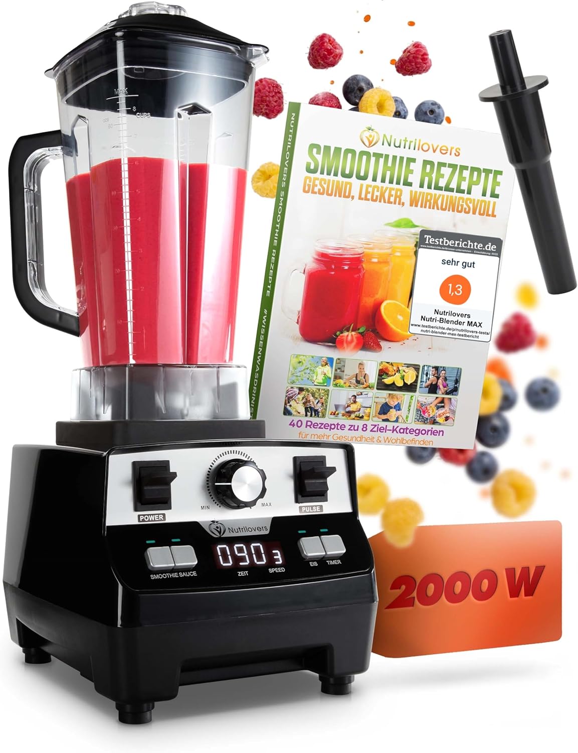 NUTRI-BLENDER MAX+ Hochleistungsmixer 2000W Standmixer Smoothie Hochleistung Smoothie-Maker Profi Mixer Blender - 2L Tritan, BPA-FREI, 9 Stufen, Digital-Timer Inkl. Smoothie Rezeptbuch