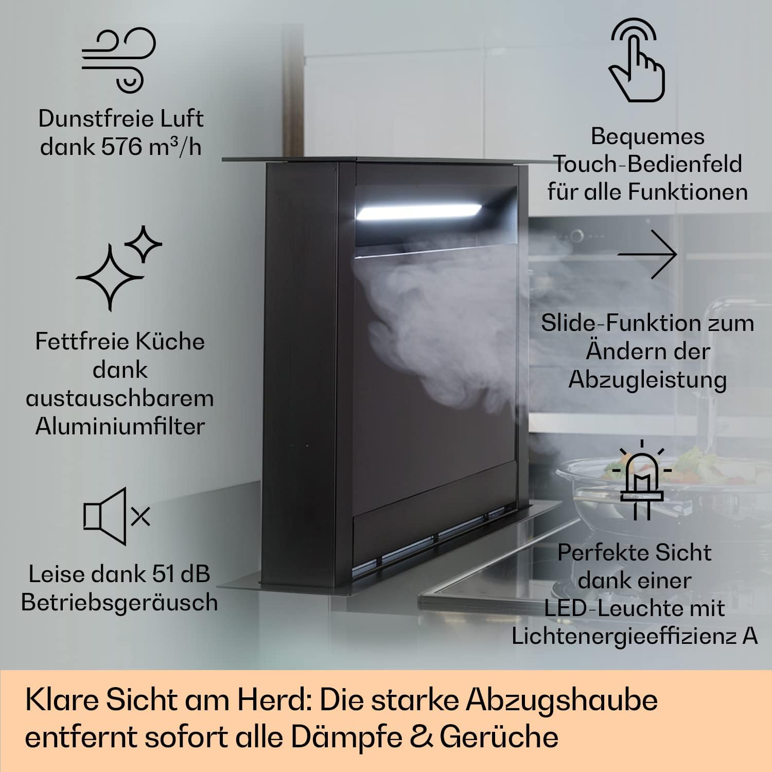Klarstein Downdraft-Dunstabzugshaube, Versenkbare Abzugshaube, Leise Dunstabzugshauben mit Filter, Dunstabzugshaube 60cm, Umluft/Abluft Dunsthaube mit 10 Stufen, Dunstabzug 576 m³/h Luftstrom
