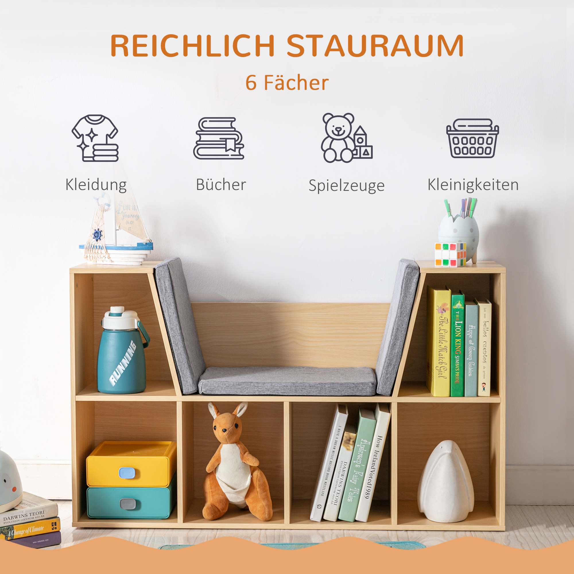 2-in-1 Kinderrek + Speelbank incl. Kussens 103 cm �� 30?cm �� 62 cm Grijs + Naturel