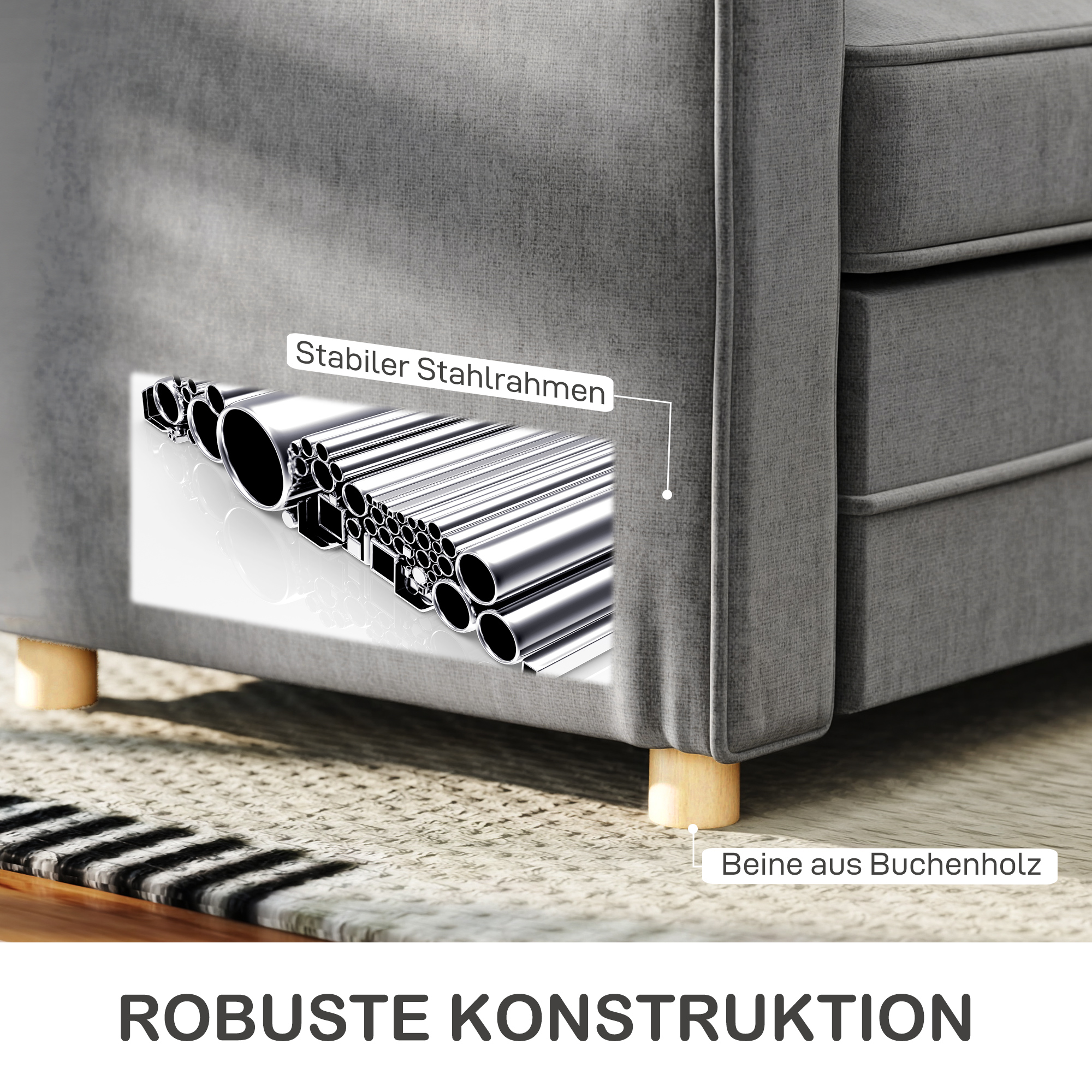 2-zitsbank, Compacte Woonkamerbank, Stof in Linnenlook, Zachte Zitkussens, Stalen Frame, Donkergrijs
